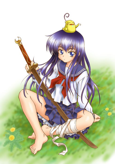 peter (artist), azuma hazuki, ken-chan, yami to boushi to hon no tabibito, 00s, 1girl, bandages, barefoot, bird, blue eyes, blue hair, crescent moon, dandelion, feet, female focus, flower, full body, long hair, looking at viewer, matching hair/eyes, moon, on head, pleated skirt, school uniform, serafuku, sitting, skirt, solo