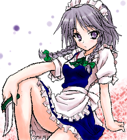 peter (artist), izayoi sakuya, touhou, silver hair, lowres, 1girl, arm support, braid, female focus, knife, maid, oekaki, purple eyes, short hair, sitting, solo, twin braids
