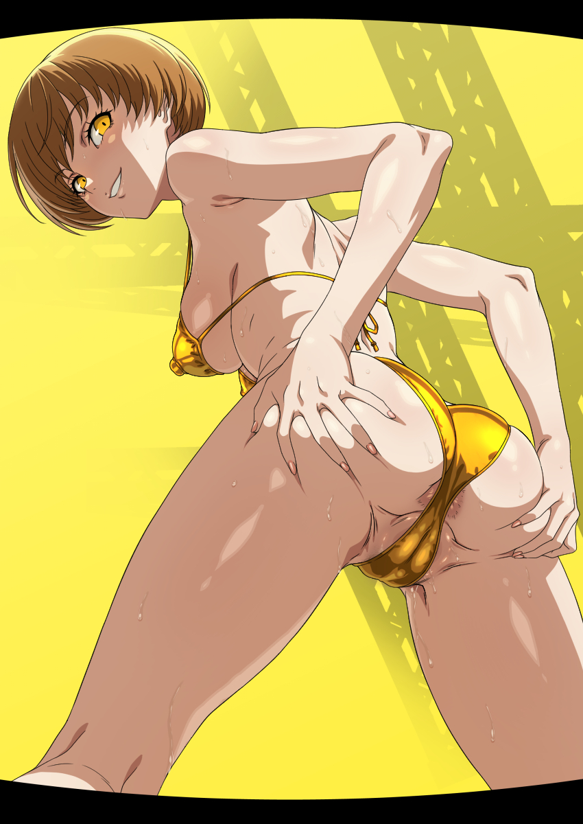 syunzou, satonaka chie, persona, persona 4, highres, 1girl, anus, anus peek, ass, back, bikini, breasts, brown hair, cameltoe, covered erect nipples, deep skin, from behind, from below, gold bikini, grabbing own ass, hands on own ass, legs apart, looking at viewer, looking back, looking down, micro bikini, partially visible vulva, presenting, shiny swimsuit, short hair, smile, solo, spread ass, spreading own ass, standing, sweat, swimsuit, thighs, yellow background, yellow eyes