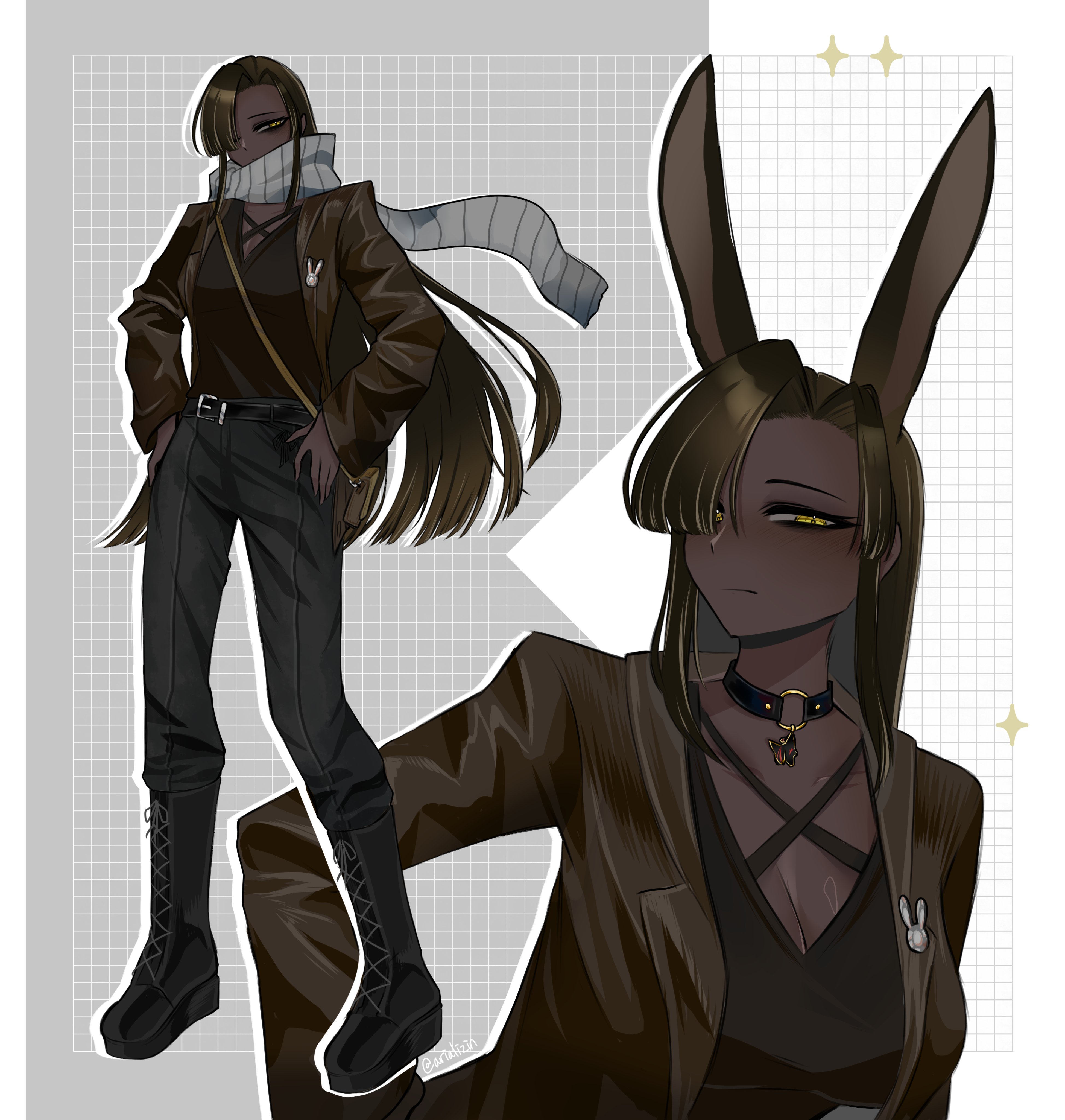 arializin, zilu (project moon), limbus company, project moon, absurdres, highres, 1girl, alternate costume, animal ears, bag, black hair, black pants, boots, breasts, brown jacket, choker, combat boots, contemporary, dark-skinned female, dark skin, handbag, jacket, large breasts, long hair, pants, rabbit ears, scarf, sidelocks