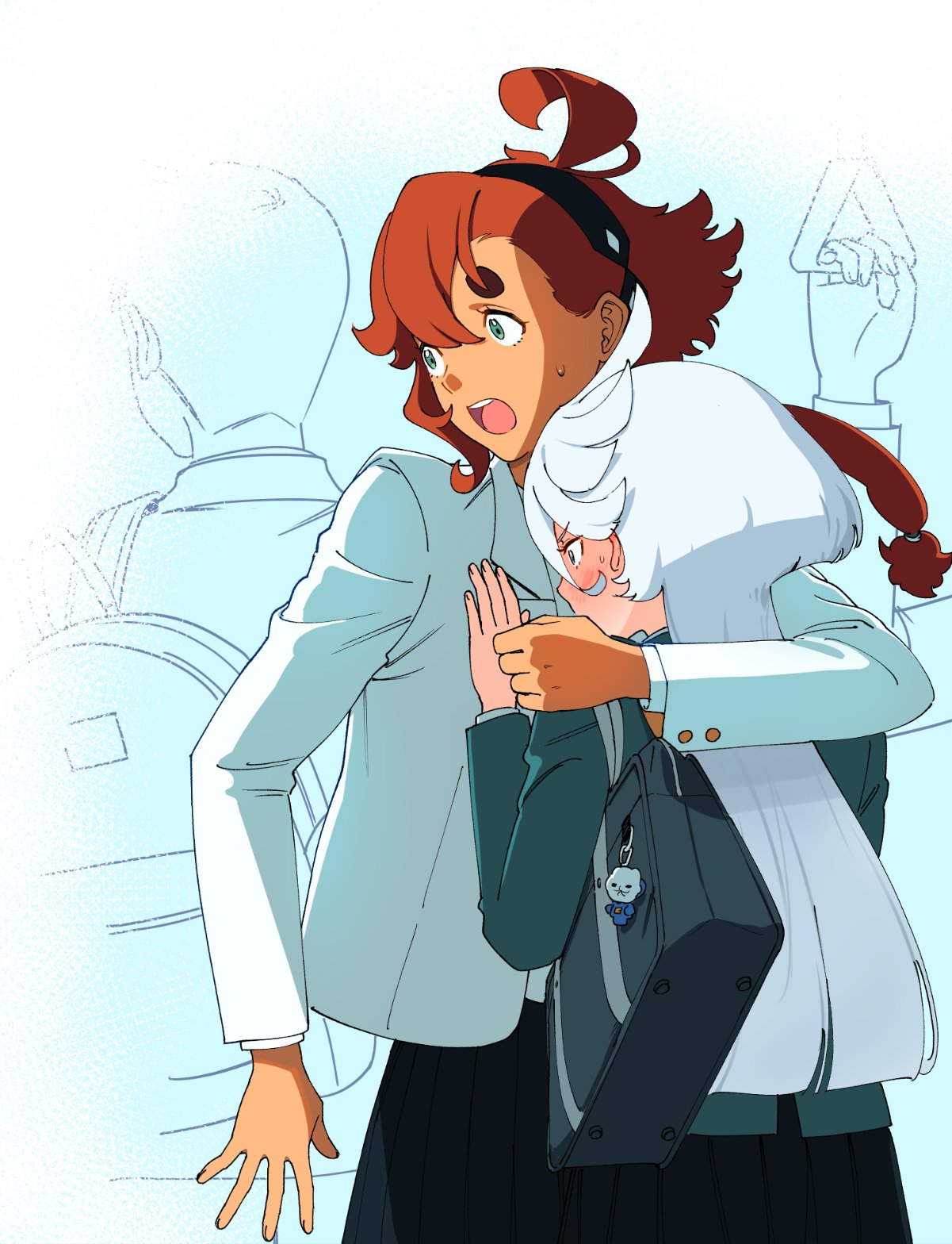 sun 4×3, miorine rembran, suletta mercury, gundam, gundam suisei no majo, gundam suisei no majo: seishun frontier, highres, 2boys, 2girls, backpack, bag, black skirt, blue eyes, blush, contemporary, cool (gundam suisei no majo), hand on another's shoulder, jacket, long hair, multiple boys, multiple girls, open mouth, red hair, school bag, school uniform, skirt, sweat, thick eyebrows, train interior, white hair, white jacket, yuri