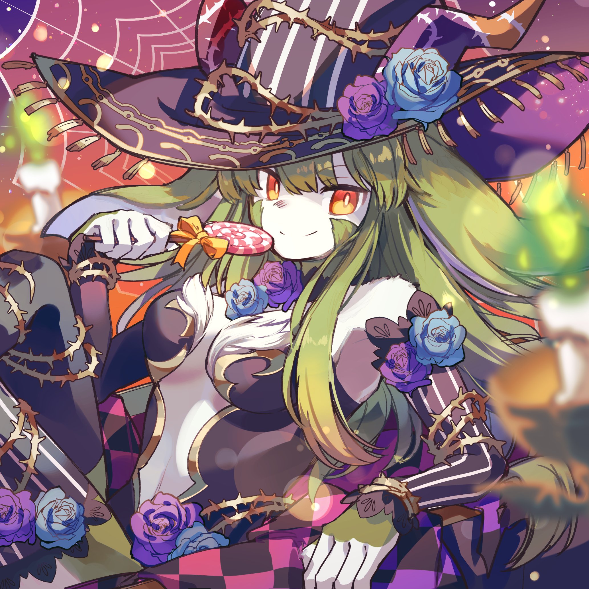 kuuron (moesann17), linthia (p&d), puzzle & dragons, highres, 1girl, black gloves, black thighhighs, blonde hair, blue flower, blue rose, bow, bowtie, breasts, candy, dress, facial tattoo, fingerless gloves, flower, food, gloves, green hair, hat, holding, holding candy, holding food, large breasts, long hair, monster girl, multicolored hair, orange eyes, purple flower, purple hat, purple rose, rose, smile, solo, tattoo, thighhighs, two-tone hair, witch hat, yellow bow, yellow bowtie