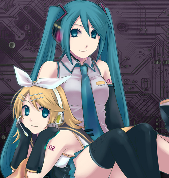 3u, hatsune miku, kagamine rin, vocaloid, bad id, bad pixiv id, 2girls, aqua hair, long hair, multiple girls, thighhighs, twintails, very long hair