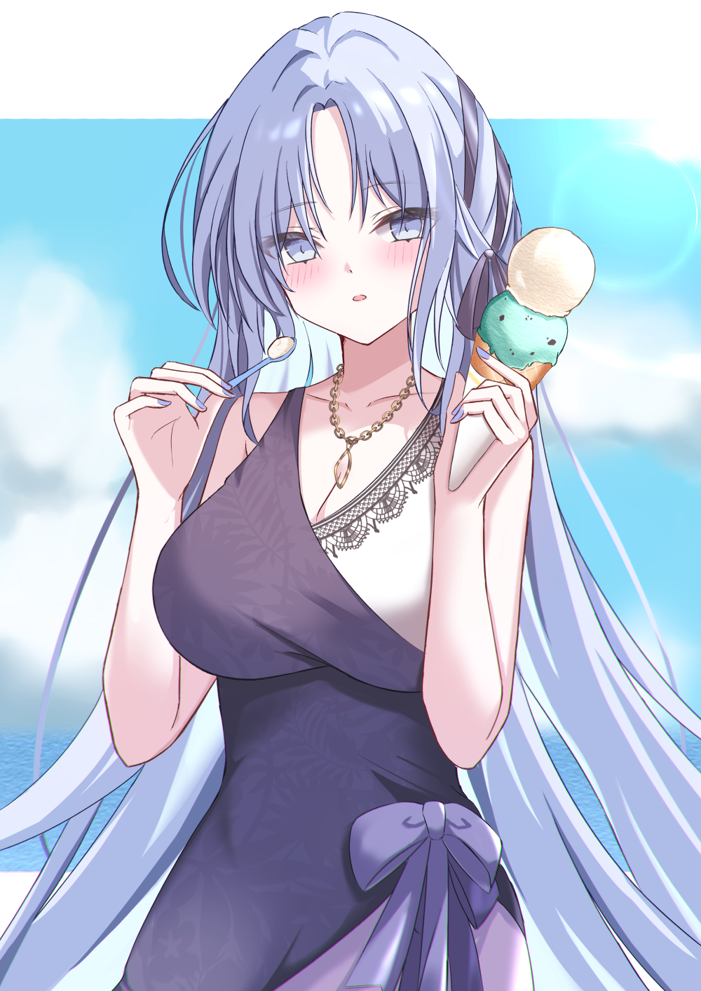 alsace (azur lane), azur lane, highres, 1girl, alternate costume, bare shoulders, breasts, cleavage, collarbone, dress, food, holding, holding food, holding ice cream, holding spoon, ice cream, ice cream cone, lace, lace-trimmed dress, lace trim, large breasts, long hair, looking at viewer, multiple scoops, purple dress, purple eyes, purple hair, sleeveless, sleeveless dress, solo, spoon, torikago sekai, very long hair