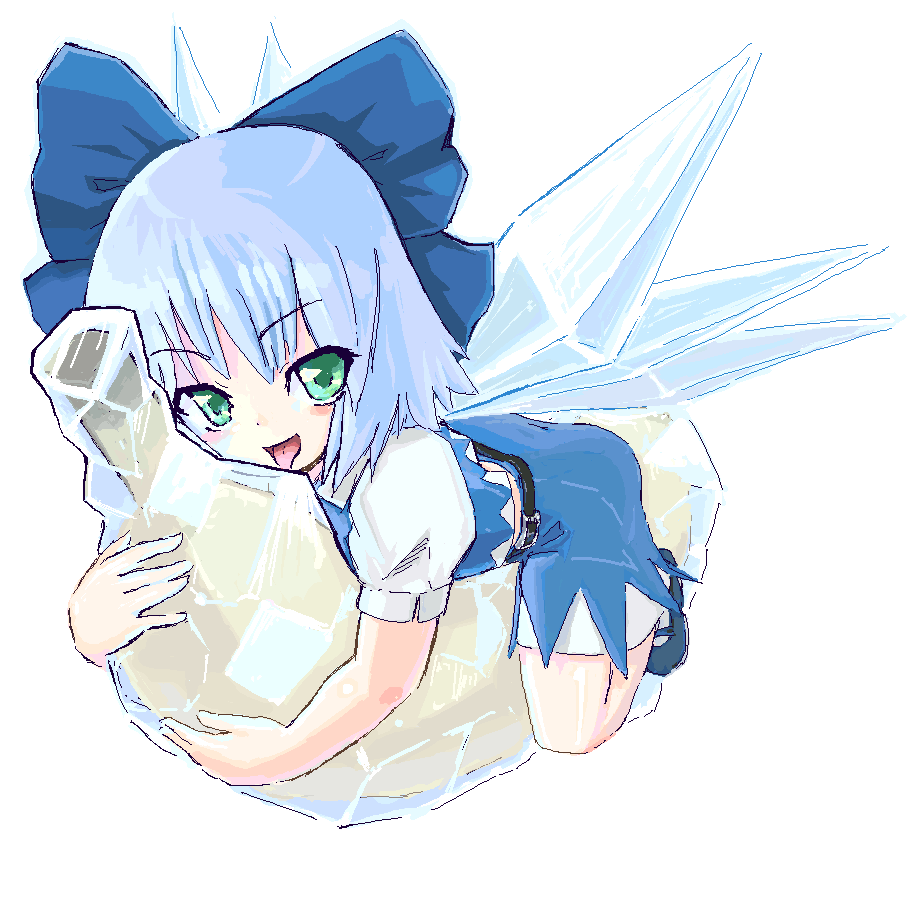 homura subaru, cirno, embodiment of scarlet devil, touhou, bad id, bad pixiv id, 1girl, banana, bow, female focus, food, frozen, fruit, holding, holding food, holding fruit, hug, ice, oekaki, on banana, sexually suggestive, smile, solo, tongue