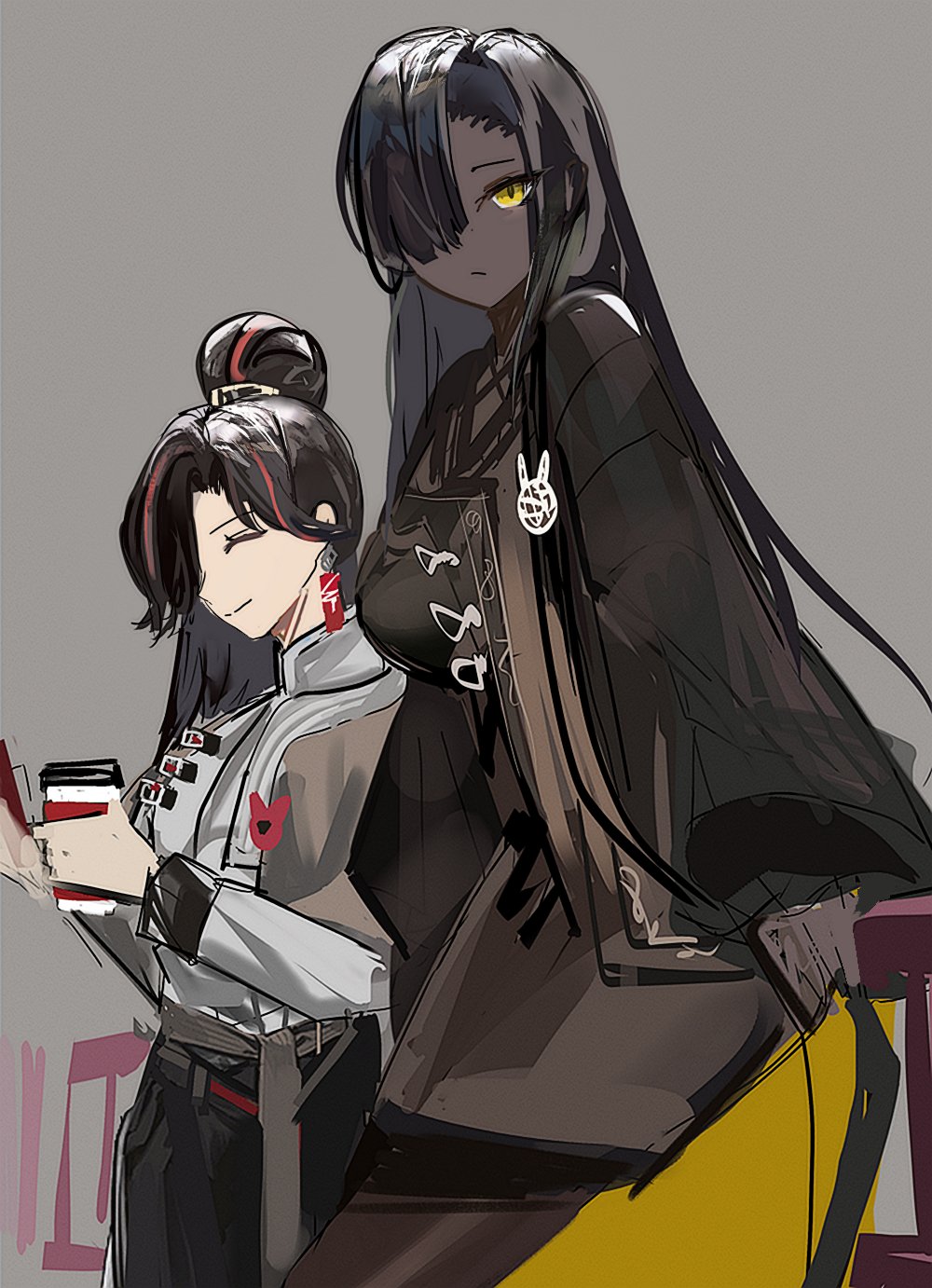 zigong (project moon), zilu (project moon), limbus company, project moon, highres, 2girls, alternate costume, brown robe, chinese clothes, coffee, dark-skinned female, dark skin, hair bun, hair over one eye, hoyeonbns, long hair, multiple girls, red hair, robe, sidelocks, yellow eyes