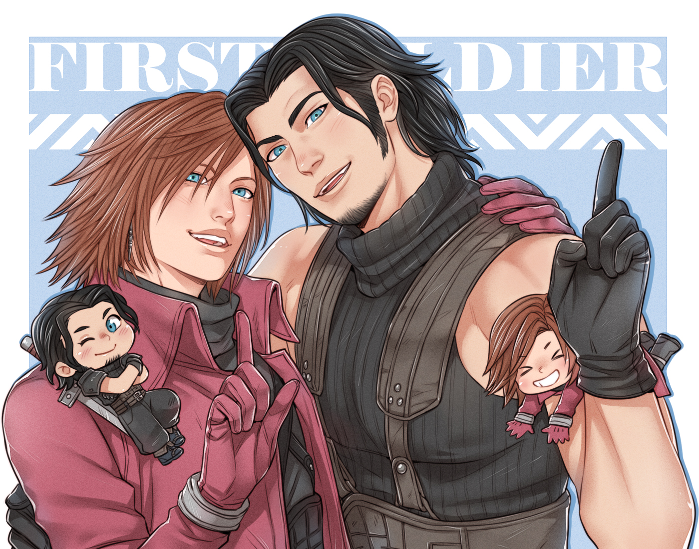 crylin6, angeal hewley, genesis rhapsodos, crisis core final fantasy vii, final fantasy, final fantasy vii, commentary, symbol-only commentary, 2boys, bare shoulders, black gloves, black hair, black sweater, blue eyes, blush, brown hair, buster sword, coat, facial hair, gloves, hair between eyes, hand on another's shoulder, heads together, index finger raised, long sleeves, looking at viewer, male focus, multiple boys, open clothes, open coat, open mouth, red coat, red gloves, ribbed sweater, short hair, sleeveless, sleeveless turtleneck, suspenders, sweater, turtleneck, turtleneck sweater, upper body