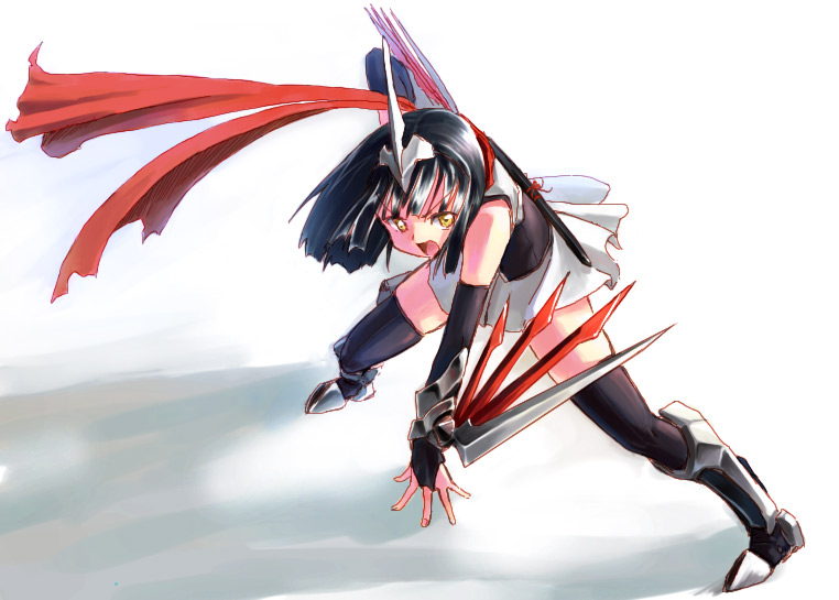 homura subaru, skarmory, nintendo, pokemon, bad id, bad pixiv id, 1girl, black hair, costume, female focus, gen 2 pokemon, personification, red scarf, scabbard, scarf, shadow, sheath, simple background, solo, thighhighs, weapon, white background, yellow eyes