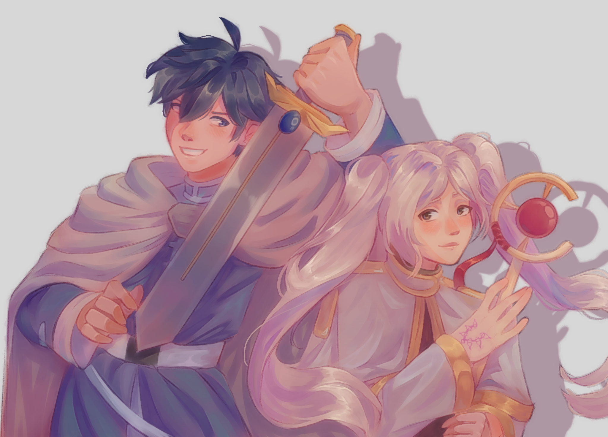 harmorii, chrom (fire emblem), female robin (fire emblem), frieren, himmel (sousou no frieren), fire emblem, fire emblem awakening, nintendo, sousou no frieren, highres, 1boy, 1girl, blue eyes, blue hair, blue shirt, brown eyes, cape, capelet, closed mouth, cosplay, eyes of grima, frieren (cosplay), grin, himmel (sousou no frieren) (cosplay), holding, holding staff, holding sword, holding weapon, long hair, long sleeves, looking at viewer, mage staff, parted bangs, shadow, shirt, short hair, smile, staff, sword, twintails, weapon, white cape, white capelet, white hair