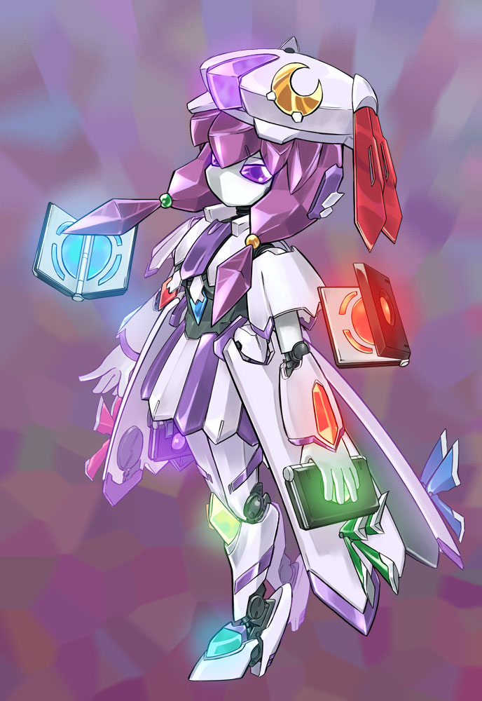 homura subaru, patchouli knowledge, medarot, touhou, bad id, bad pixiv id, 1girl, beret, book, crescent, female focus, floating, floating object, from side, full body, hat, holding, holding book, humanoid robot, joints, long hair, machinery, mecha musume, profile, purple eyes, robot, robot joints, solo, standing, very long hair