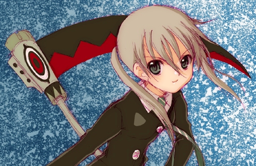 maka albarn, soul eater, 00s, blonde hair, green eyes, scythe, solo, twintails