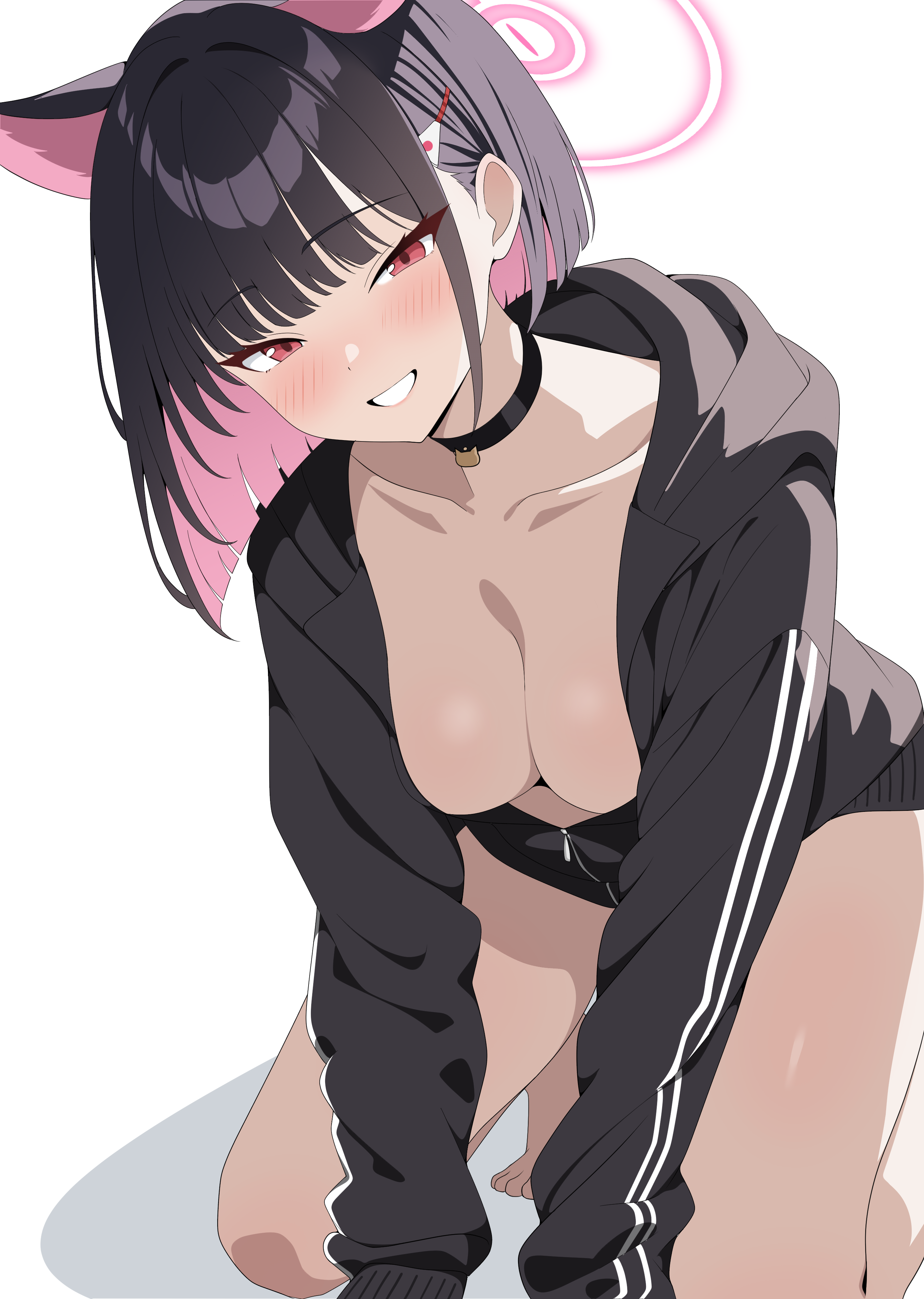 shiguren 39, kazusa (blue archive), blue archive, absurdres, highres, 1girl, animal ears, black choker, black hair, black hoodie, blush, breasts, cat choker, cat ears, choker, cleavage, collarbone, colored inner hair, extra ears, grin, hair behind ear, hair ornament, hairclip, halo, hood, hoodie, kneeling, large breasts, long sleeves, looking at viewer, medium hair, multicolored hair, naked hoodie, pink eyes, pink hair, pink halo, simple background, smile, solo, thighs, two-tone hair, white background