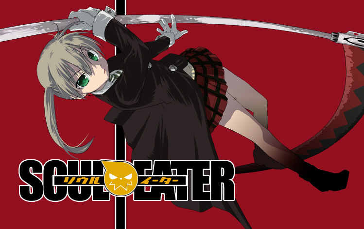 maka albarn, soul eater, 00s, blonde hair, copyright name, green eyes, hair between eyes, necktie, plaid clothes, plaid skirt, red background, scythe, skirt, solo, striped necktie