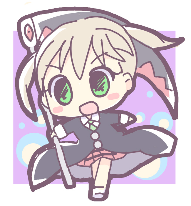 maka albarn, soul eater, 00s, blonde hair, chibi, green eyes, scythe, solo