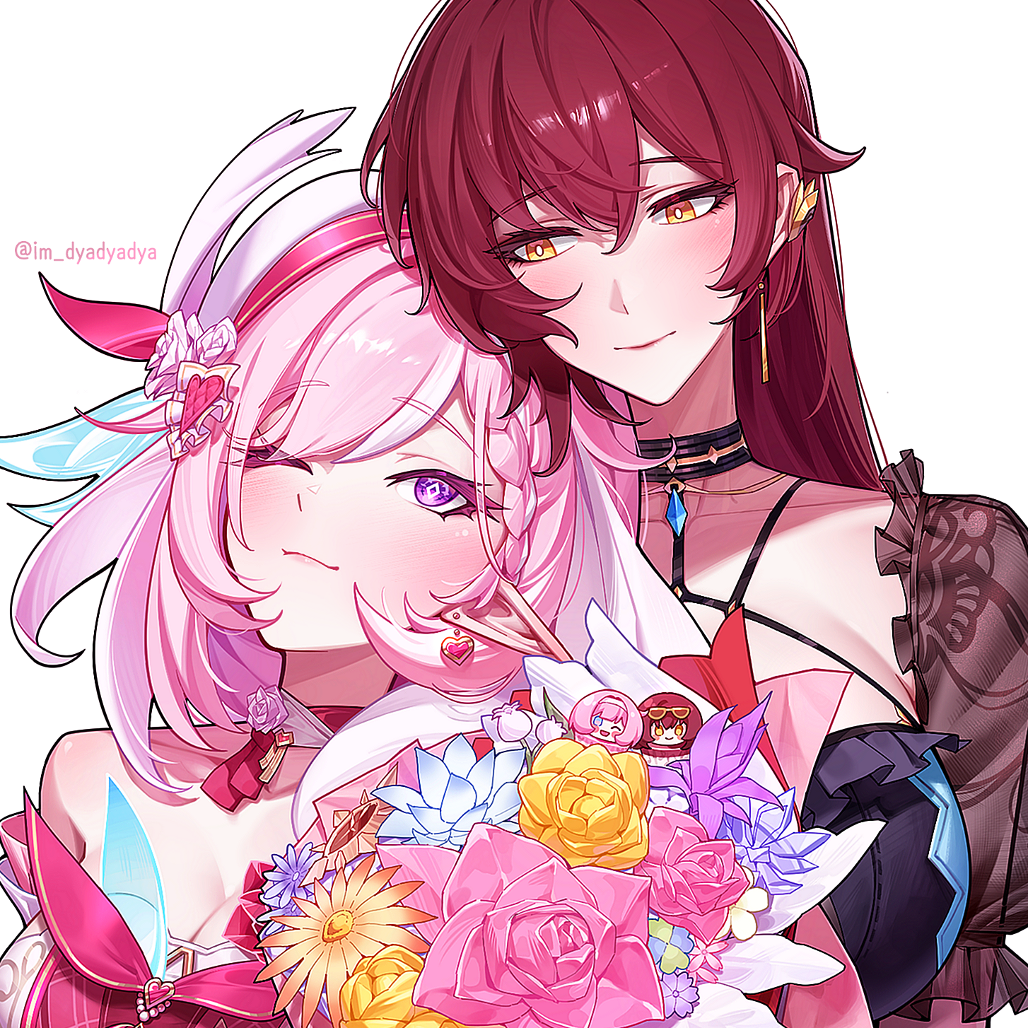 dyadyadya, eden (flowing rhyme) (honkai impact), eden (honkai impact), elysia (honkai impact), honkai (series), honkai impact 3rd, commentary, highres, 2girls, bare shoulders, bouquet, braid, breasts, bright pupils, brown hair, closed mouth, collarbone, diamond-shaped pupils, diamond (shape), earrings, elysia (hi elf of love) (honkai impact), flower, hair between eyes, hair ornament, heart, heart earrings, jewelry, large breasts, long hair, looking at another, looking up, multicolored hair, multiple girls, official alternate costume, one eye closed, pink hair, pointy ears, purple eyes, simple background, smile, streaked hair, symbol-shaped pupils, upper body, white background, white pupils, yellow eyes, yuri