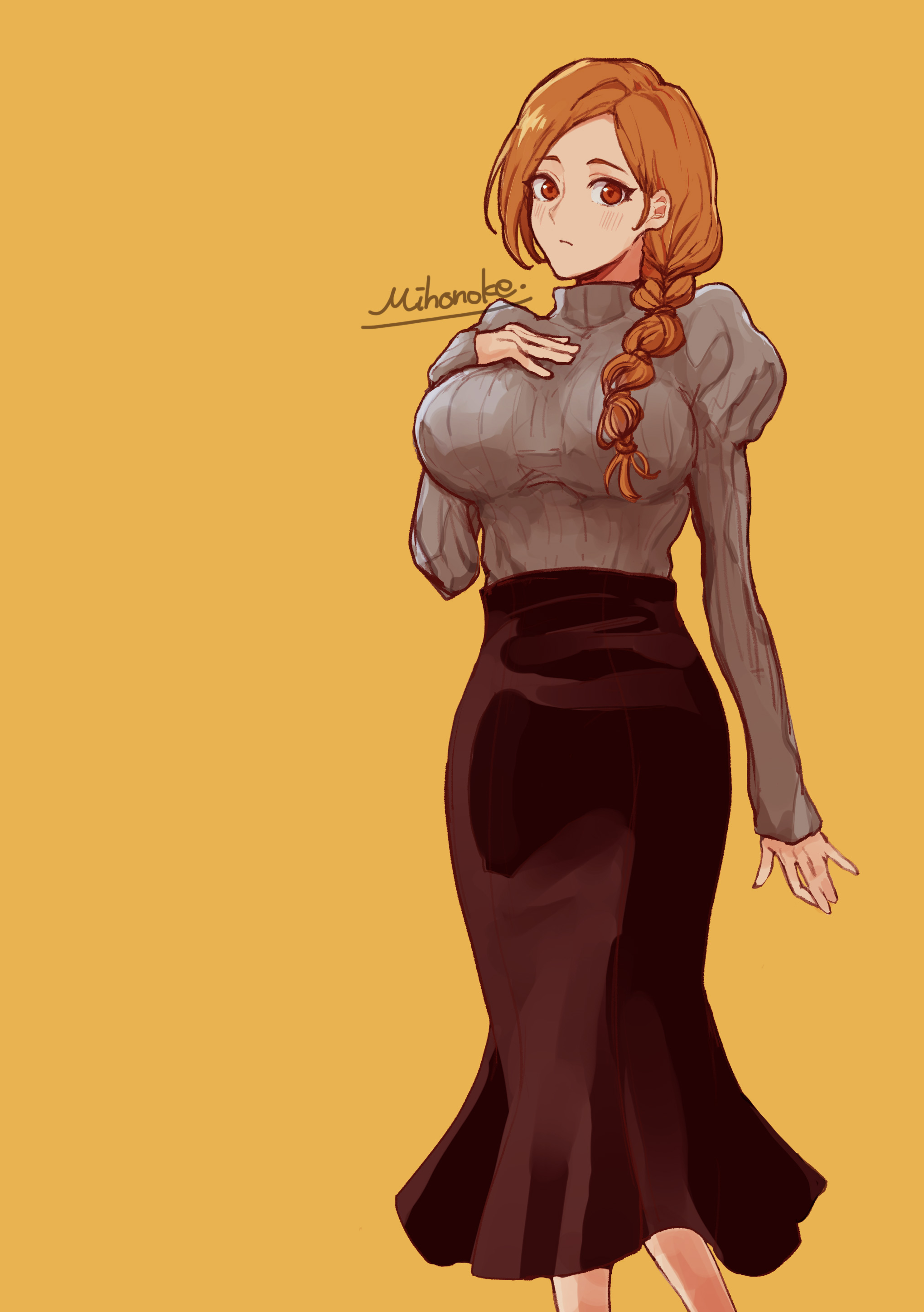 mihonoke 63, inoue orihime, bleach, 1girl, 2022, artist name, braid, braided ponytail, breasts, brown eyes, female focus, full body, hand on own chest, large breasts, light blush, long hair, long skirt, long sleeves, orange hair, puffy sleeves, simple background, skirt, solo, standing, yellow background