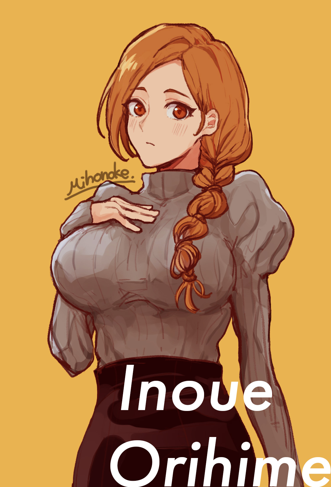 mihonoke 63, inoue orihime, bleach, 1girl, 2022, artist name, braid, braided ponytail, breasts, brown eyes, character name, female focus, hand on own chest, large breasts, light blush, long hair, long skirt, long sleeves, orange hair, puffy sleeves, simple background, skirt, yellow background