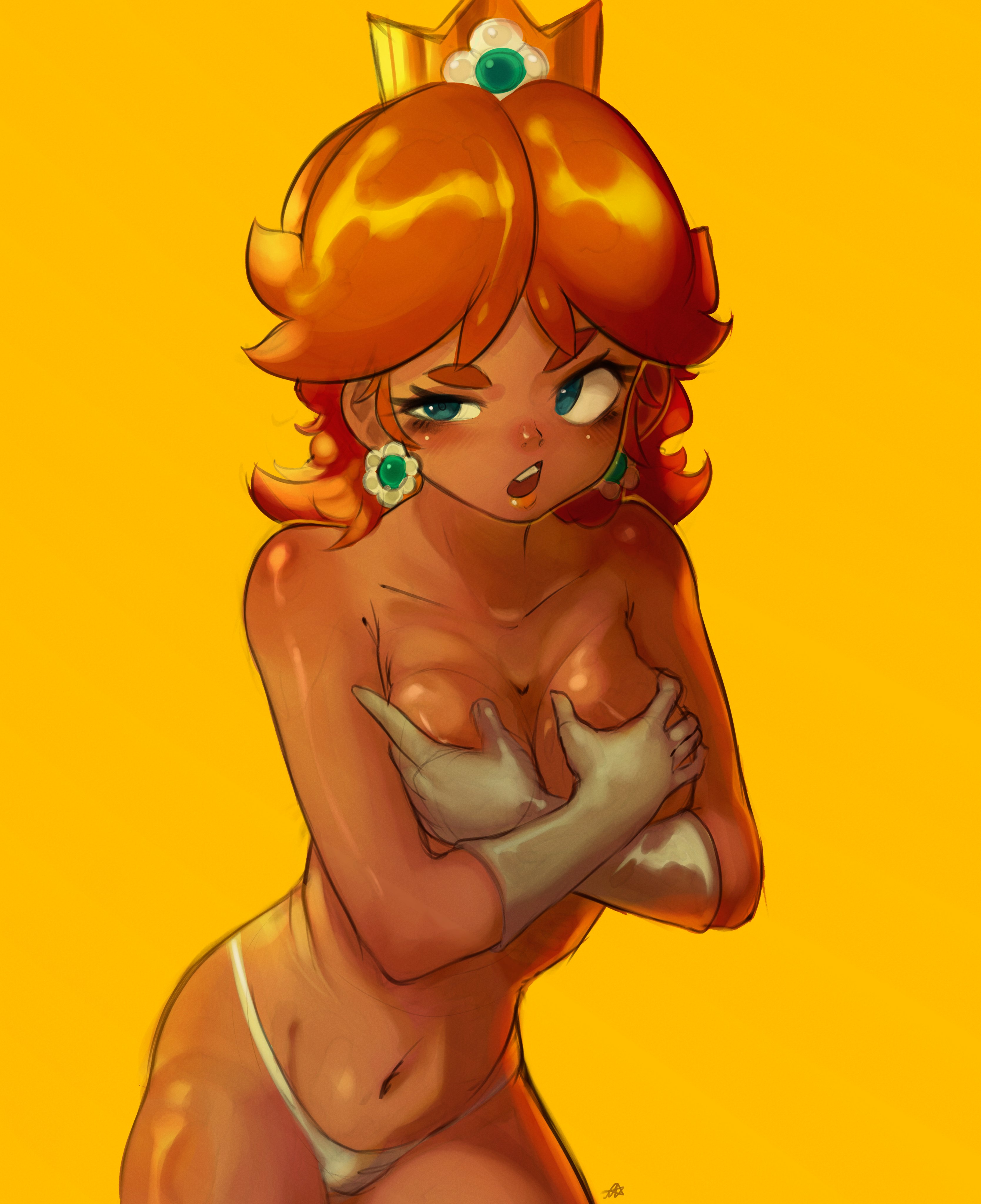 onimiere, princess daisy, mario (series), nintendo, absurdres, highres, 1girl, brown hair, covering breasts, covering privates, crown, dark skin, earrings, flower earrings, gloves, jewelry, long hair, navel, orange background, panties, simple background, underwear, white gloves, white panties