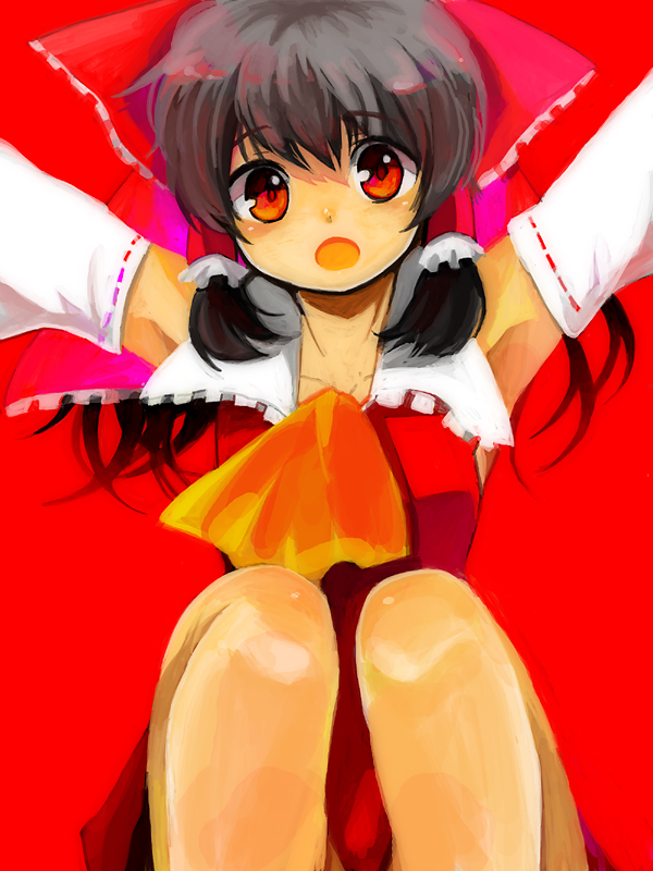 kitsuta, kizuta, hakurei reimu, touhou, bad id, bad pixiv id, 1girl, armpits, black hair, female focus, open mouth, orange eyes, simple background, solo