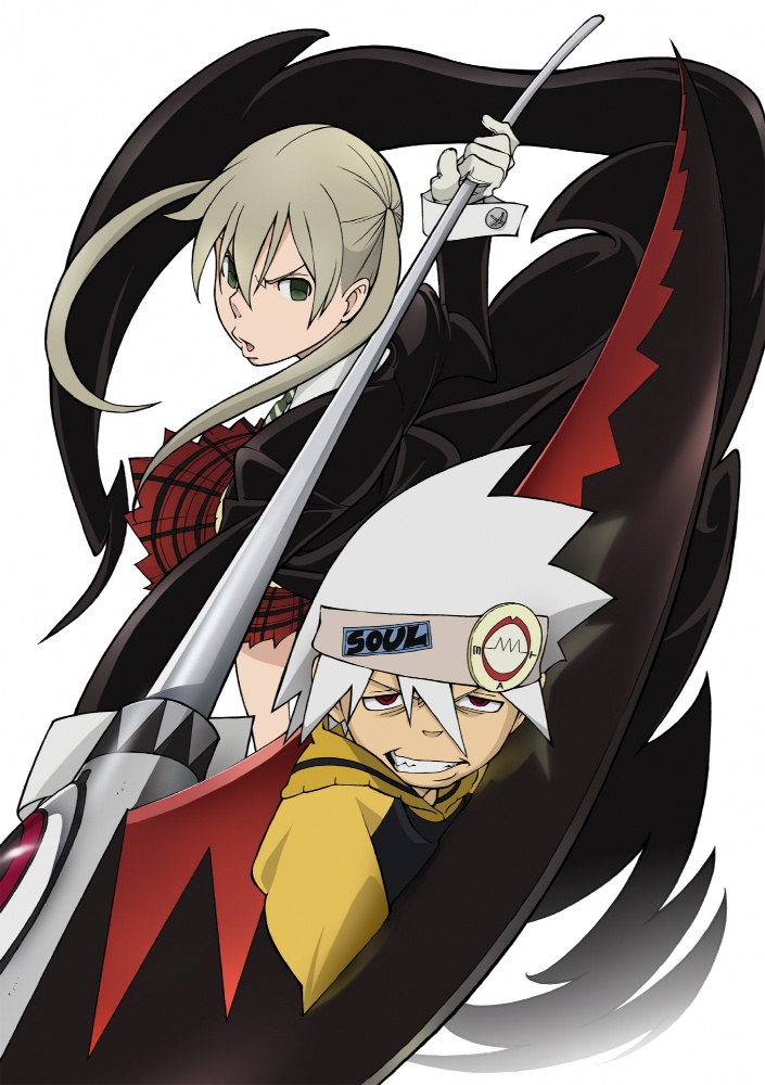maka albarn, soul evans, soul eater, 00s, blonde hair, green eyes, raglan sleeves, red eyes, scythe