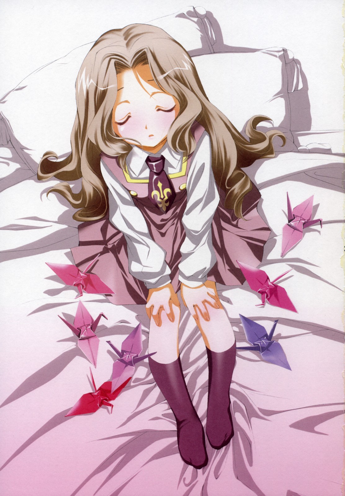miyashita miki, nunnally vi britannia, code geass, highres, 00s, bed, brown hair, closed eyes, long hair, origami, paper crane, school uniform, serafuku, sitting, socks, solo