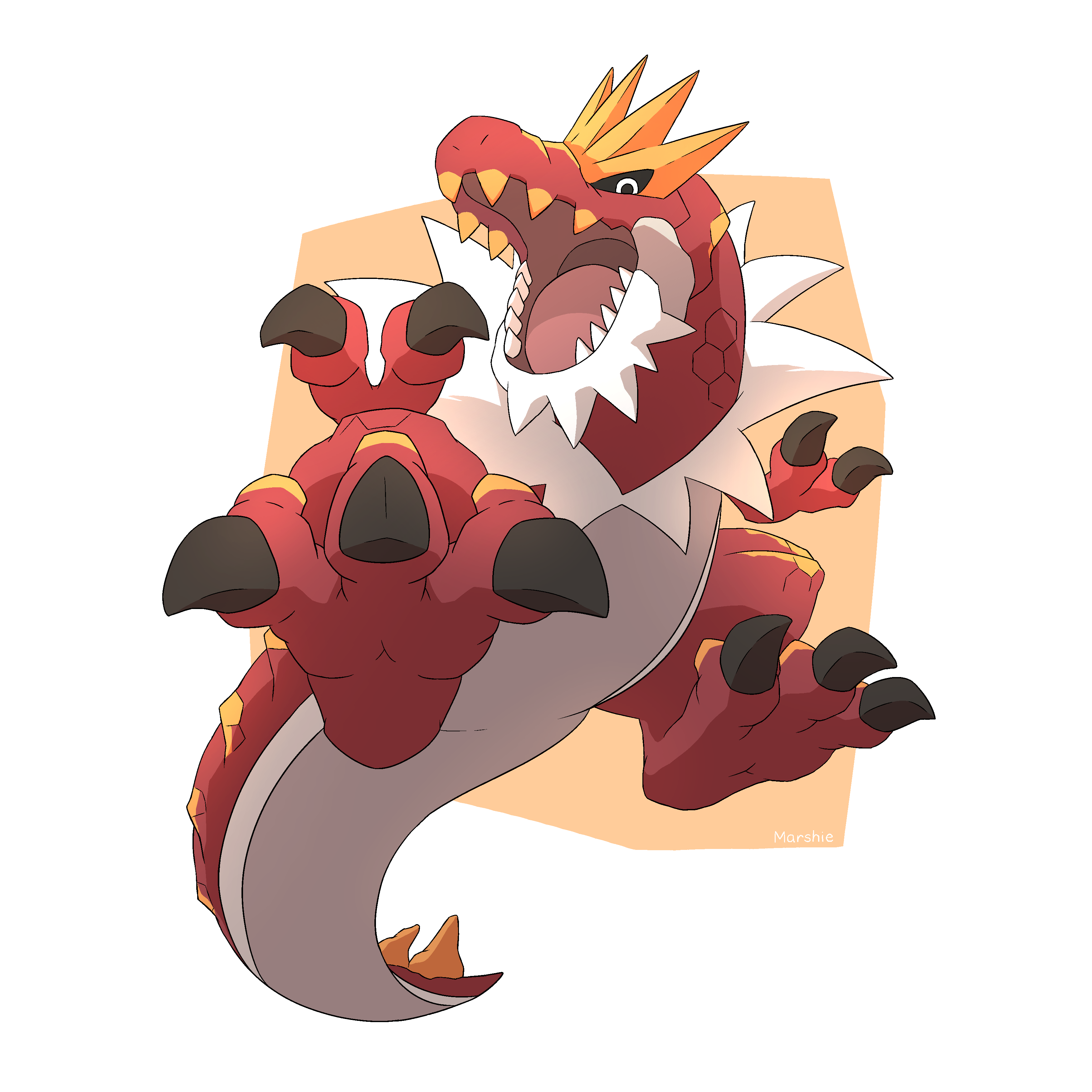 tyrantrum, nintendo, pokemon, absurdres, highres, black sclera, colored sclera, colored teeth, dinosaur, full body, gen 6 pokemon, looking at viewer, marshie 65, no humans, open mouth, pokemon (creature), simple background, yellow teeth