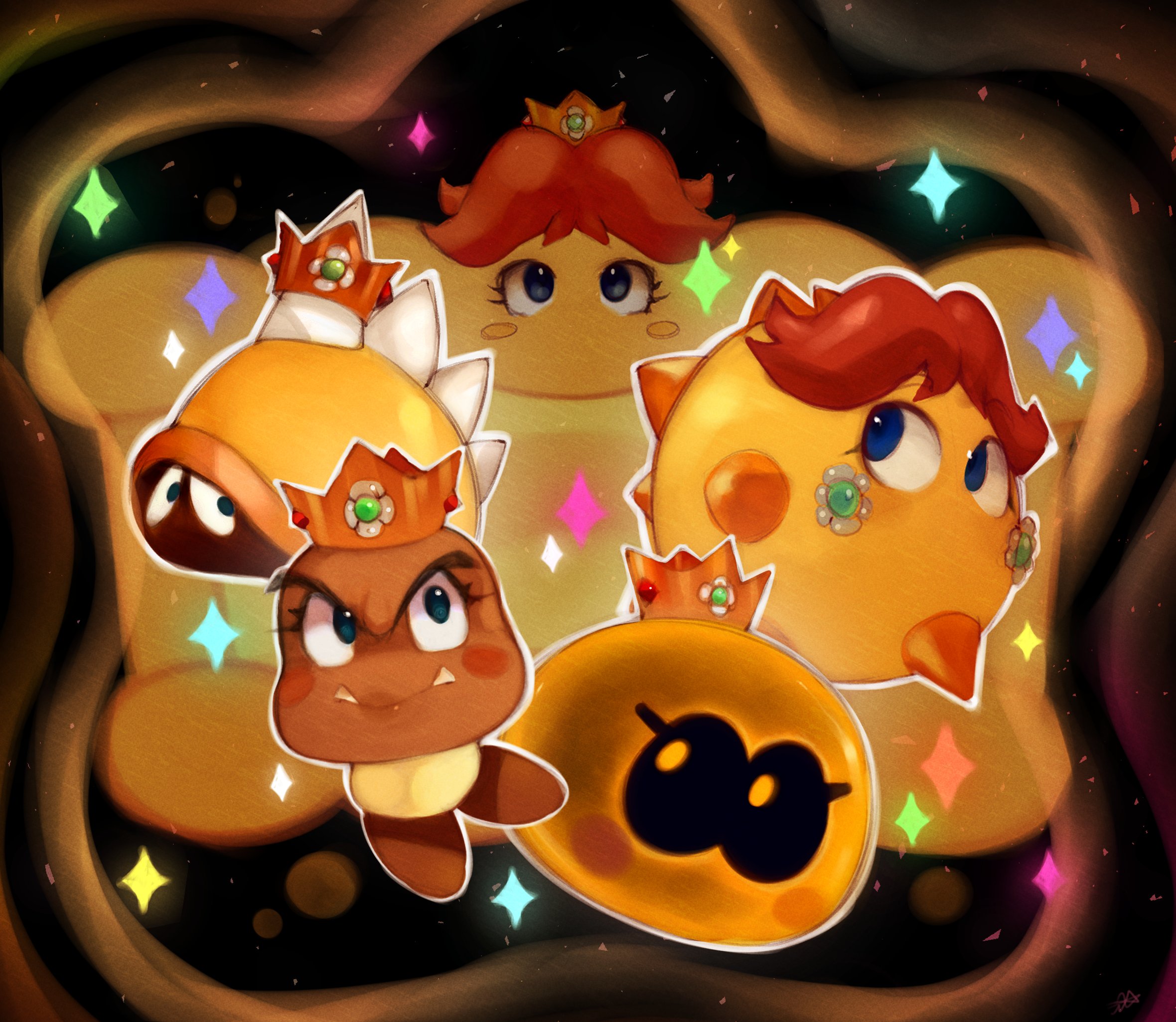 onimiere, princess daisy, mario (series), nintendo, super mario bros. wonder, highres, black background, blue eyes, brown hair, colored skin, crown, dark skin, earrings, eyelashes, fangs, flower earrings, goomba daisy, jewelry, multicolored skin, sparkle, spike-ball daisy, spikes, two-tone skin, wubba daisy