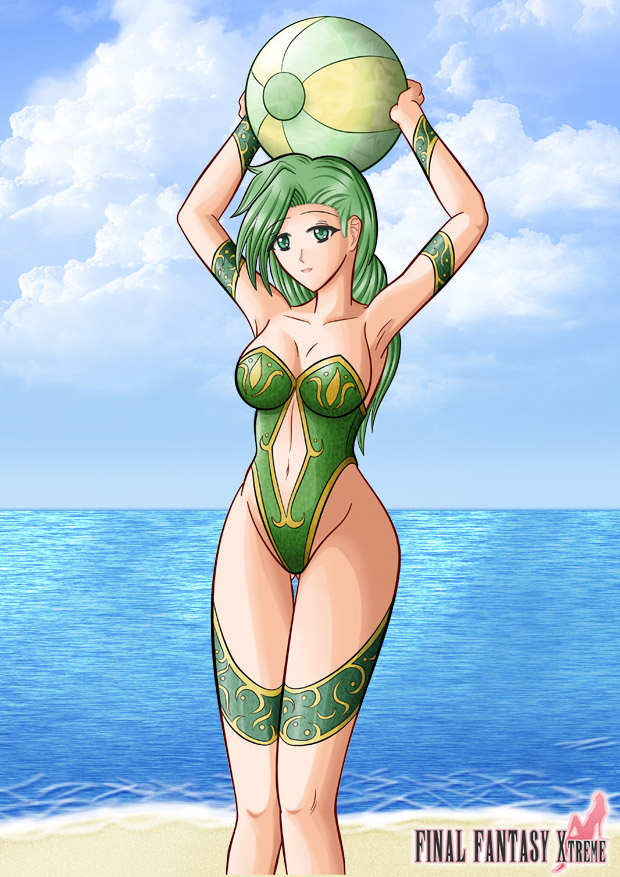 rydia (ff4), final fantasy, final fantasy iv, 1990s (style), ball, beachball, breasts, cleavage, green hair