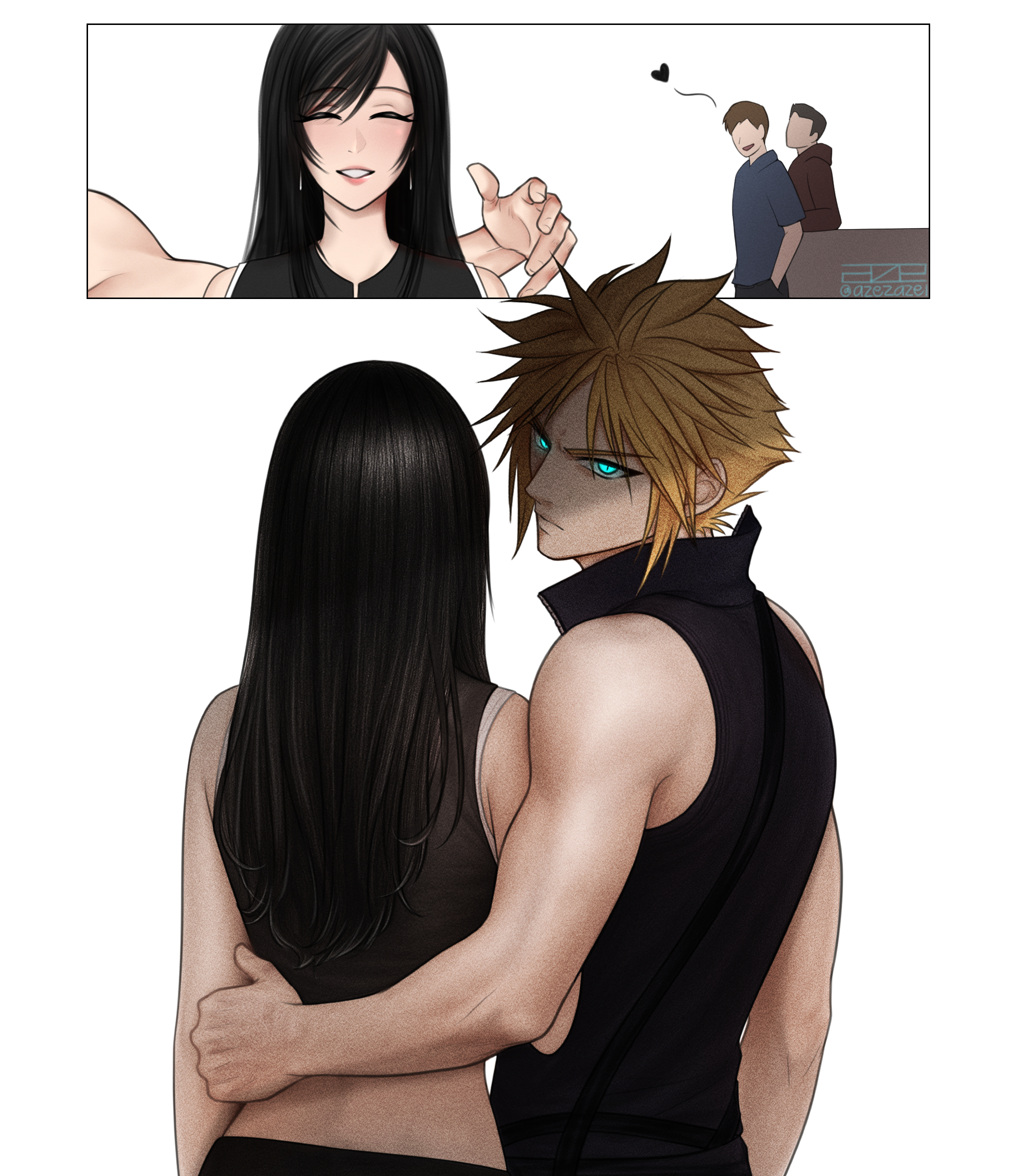 azezazel, cloud strife, tifa lockhart, final fantasy, final fantasy vii, final fantasy vii advent children, absurdres, commentary, english commentary, highres, paid reward available, 1girl, 3boys, bare arms, bare shoulders, black hair, black shirt, black vest, blonde hair, blue eyes, closed eyes, closed mouth, couple, crop top, earrings, faceless, faceless male, hand on another's waist, heart, jewelry, lips, long hair, looking at another, looking at viewer, looking back, multiple boys, parted lips, pink lips, serious, shaded face, shirt, short hair, signature, sleeveless, sleeveless shirt, spiked hair, swept bangs, twitter username, upper body, vest, white background