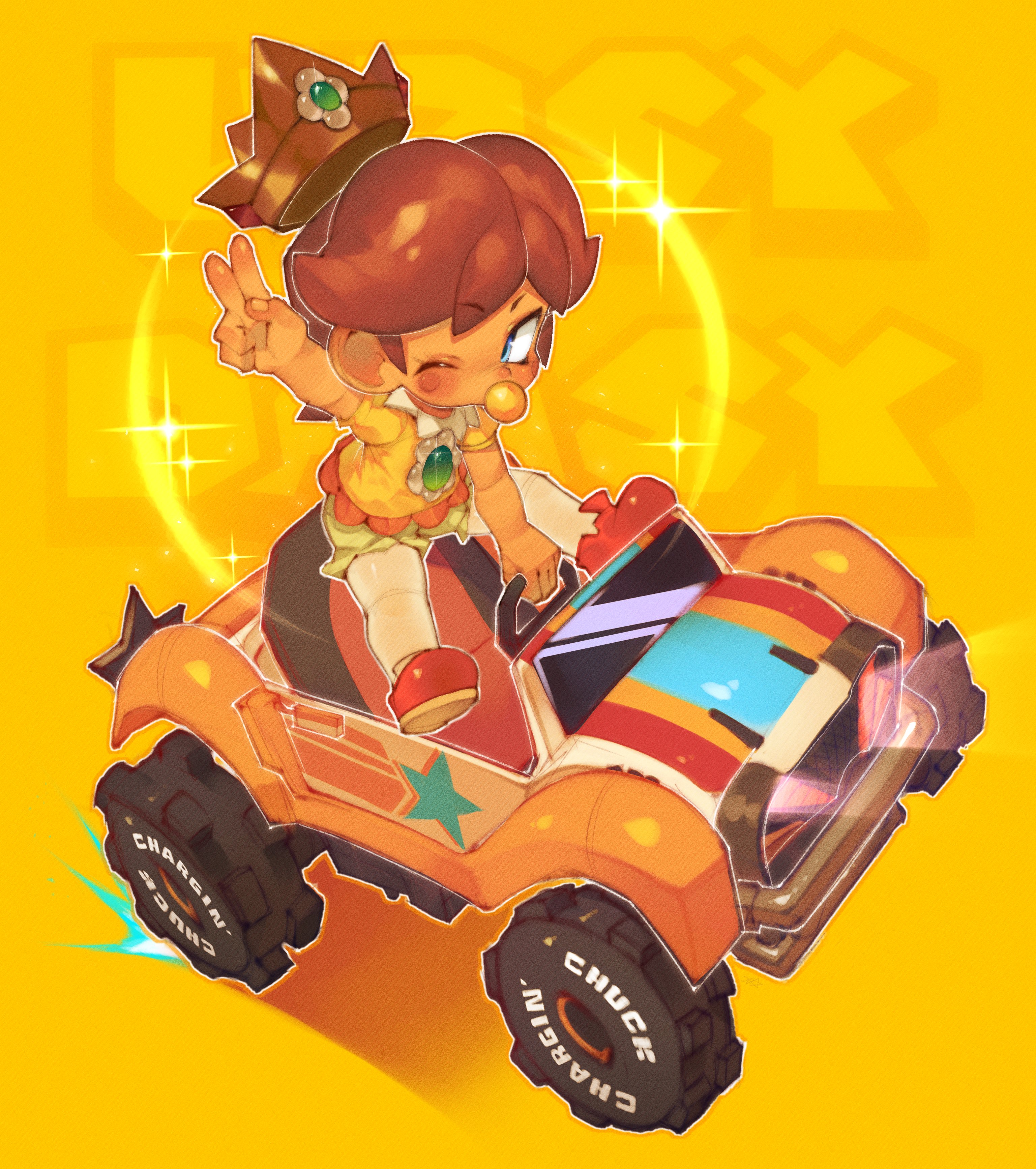 onimiere, baby daisy, princess daisy, mario (series), mario kart, mario kart world, nintendo, absurdres, highres, 1girl, baby, blue eyes, brown hair, character name, crown, driving, motor vehicle, one eye closed, orange shoes, pacifier, shoes, sparkle, v