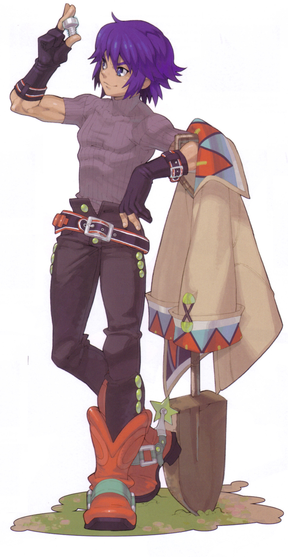 sasaki tomomi, dean stark, wild arms, wild arms 5, highres, official art, 1boy, blue hair, boots, full body, knee boots, male focus, solo, standing, white background