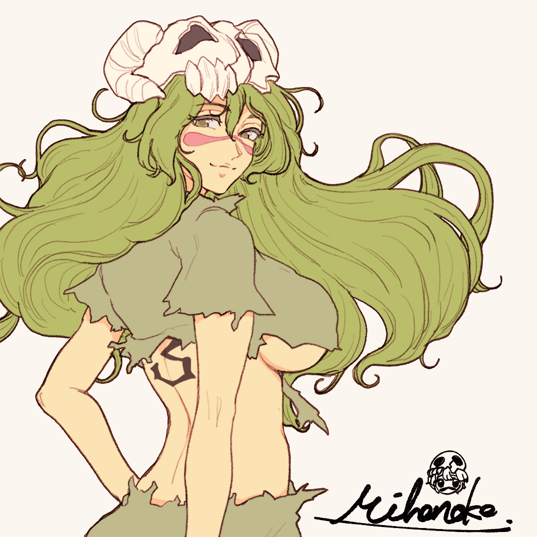 mihonoke 63, nelliel tu odelschwanck, bleach, 1girl, 2023, artist name, back tattoo, breasts, espada, facial mark, female focus, green eyes, green hair, hand on own hip, large breasts, long hair, mask, mask on head, number tattoo, simple background, skull on head, tattoo, torn clothes, underboob, wavy hair