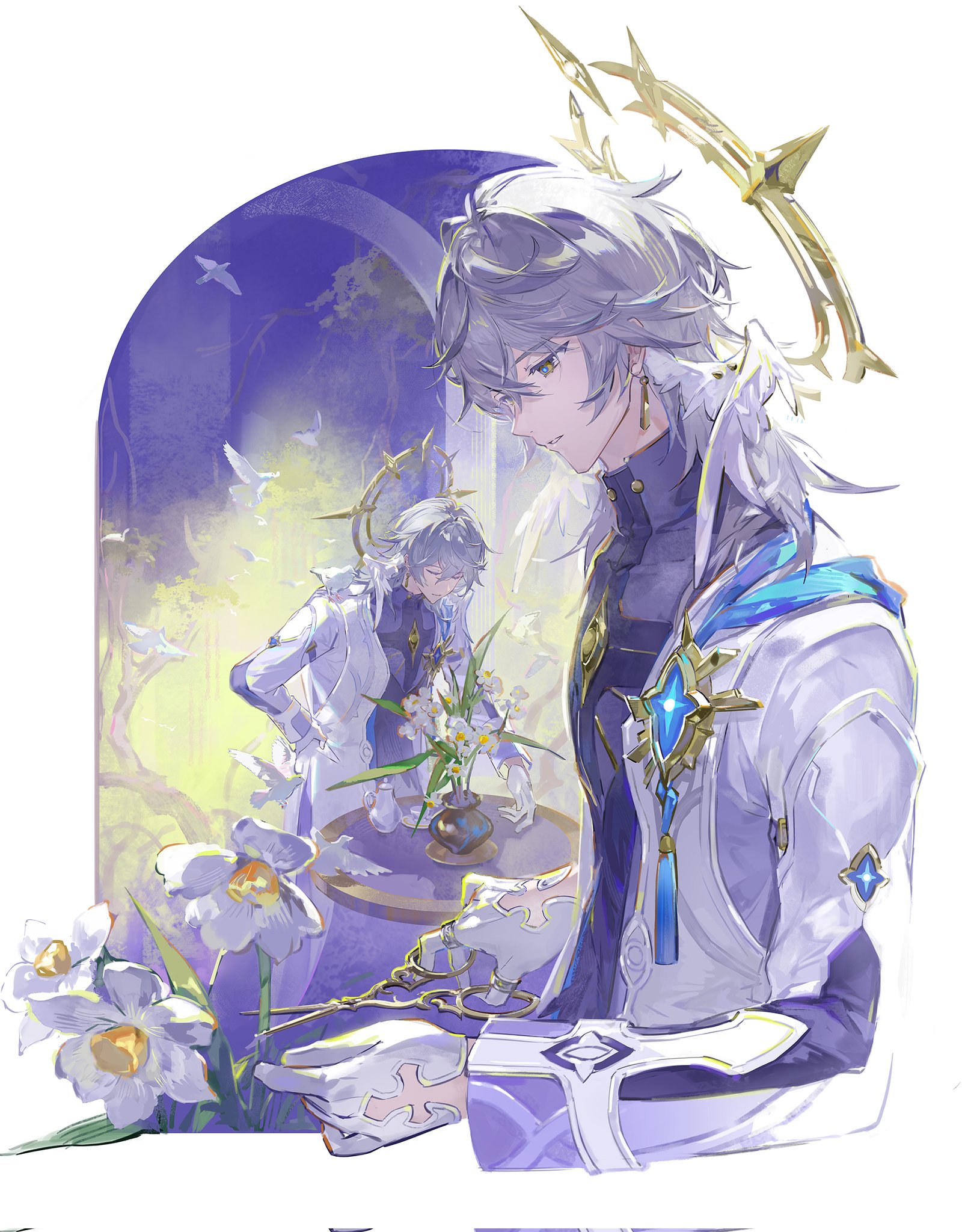 qingming tiaohetu, sunday (honkai: star rail), honkai: star rail, honkai (series), commentary, corrupted twitter file, english commentary, flower request, highres, 1boy, bird, closed mouth, dove, earrings, feathered wings, from side, gloves, gold earrings, grey hair, halo, halo behind head, head wings, high collar, holding, holding scissors, jewelry, long sleeves, male focus, multiple views, piercing, scissors, short hair, sitting, spiked halo, white gloves, white wings, wing piercing, wings, yellow eyes