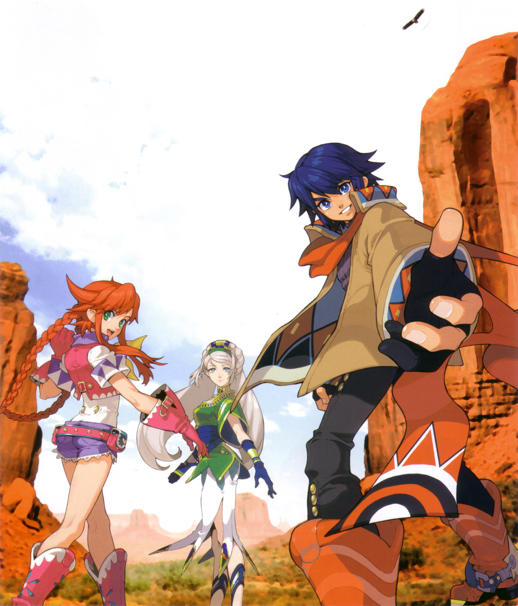 sasaki tomomi, avril vent fleur, dean stark, rebecca streisand, wild arms, wild arms 5, highres, 1boy, 2girls, blue shorts, boots, canyon, cover, cowboy western, gloves, knee boots, multiple girls, pink boots, pink gloves, shorts, taut clothes, video game cover