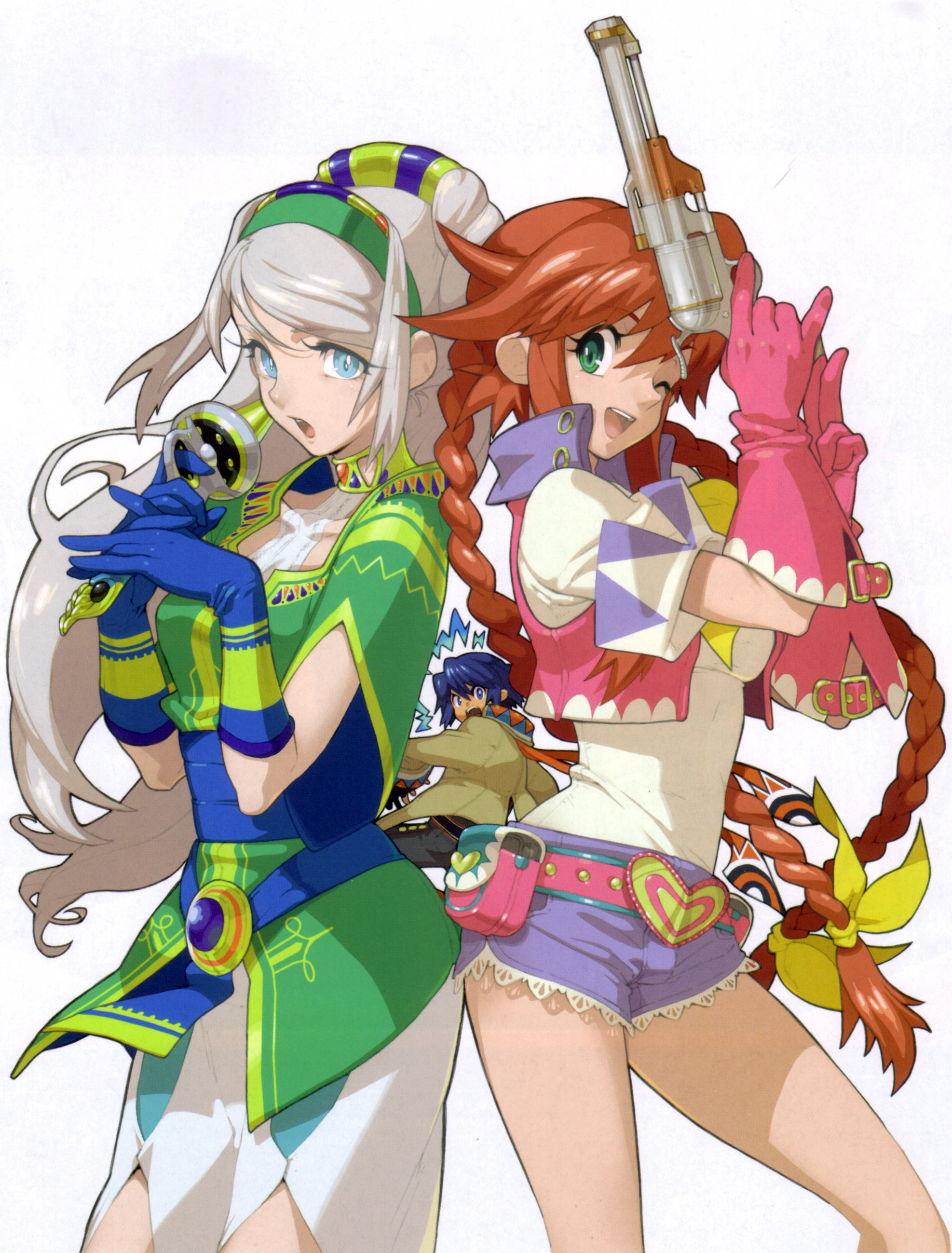 sasaki tomomi, avril vent fleur, dean stark, rebecca streisand, wild arms, wild arms 5, absurdres, artbook, concept art, highres, official art, 1boy, 2girls, ;), back-to-back, belt, blonde hair, blue eyes, blue hair, blue shorts, braid, brooch, brown jacket, choker, cowboy shot, cowboy western, dress, elbow gloves, gloves, green dress, green eyes, gun, hairband, handgun, heart, holding, holding gun, holding sword, holding weapon, jacket, jewelry, long hair, long sleeves, looking back, multiple girls, one eye closed, open mouth, pink gloves, red hair, shirt, short sleeves, shorts, simple background, smile, surprised, sword, taut clothes, twin braids, very long hair, vest, weapon, white background, white shirt