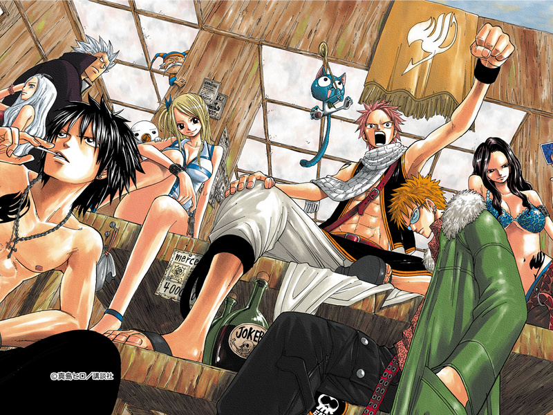 mashima hiro, cana alberona, elfman strauss, gray fullbuster, happy (fairy tail), loke (fairy tail), lucy heartfilia, makarov dreyar, mirajane strauss, natsu dragneel, plue, fairy tail, official art, 00s, 3girls, 5boys, abs, bikini, bikini top only, black hair, blonde hair, bottle, breasts, cleavage, clenched hand, comic, cross, everyone, head tilt, jewelry, latin cross, long hair, mouth hold, multiple boys, multiple girls, muscular, necklace, orange hair, pink hair, sandals, scarf, short hair, sitting, smile, spiked hair, sunglasses, swimsuit, topless male, vest, white hair
