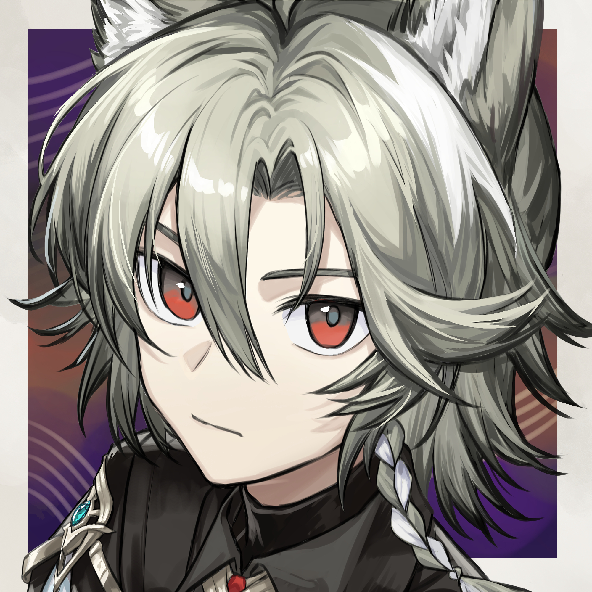 mranz4869, bassline (arknights), arknights, highres, 1boy, black shirt, braid, close-up, closed mouth, expressionless, grey hair, grey tail, hair intakes, looking at viewer, male focus, multicolored hair, red eyes, shirt, short hair, side braid, solo, two-tone hair