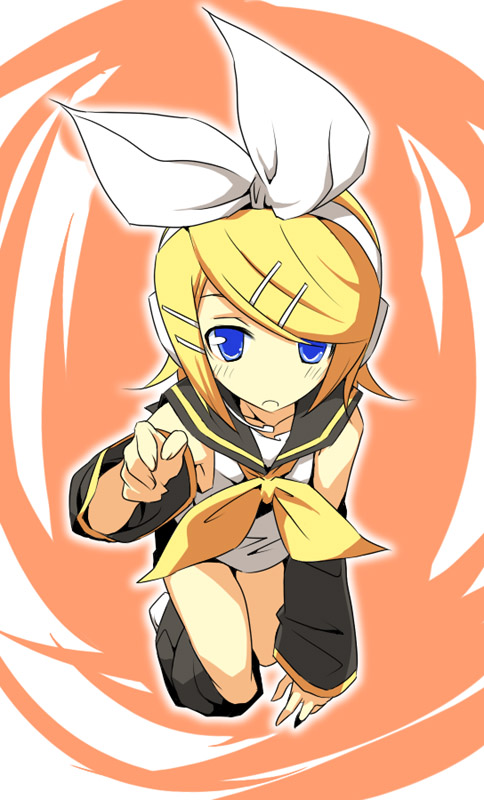 hermmy, kagamine rin, vocaloid, 1girl, :o, all fours, arm warmers, belt, black shorts, blonde hair, blouse, blue eyes, blush, bow, crawling, female focus, full body, hair bow, hair ornament, hairclip, headphones, leg warmers, looking at viewer, microphone, reaching, ribbon, sailor collar, shirt, shoes, short hair, shorts, sleeveless, solo, swept bangs, white bow, white shirt, yellow ribbon
