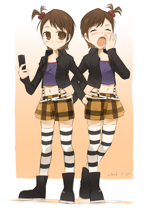 noripachi, futami ami, futami mami, idolmaster, idolmaster (classic), striped legwear, 00s, boots, cellphone, hair bobbles, hair ornament, jacket, phone, punkish gothic, siblings, sisters, striped clothes, striped thighhighs, suspenders, thighhighs, twins, yawning