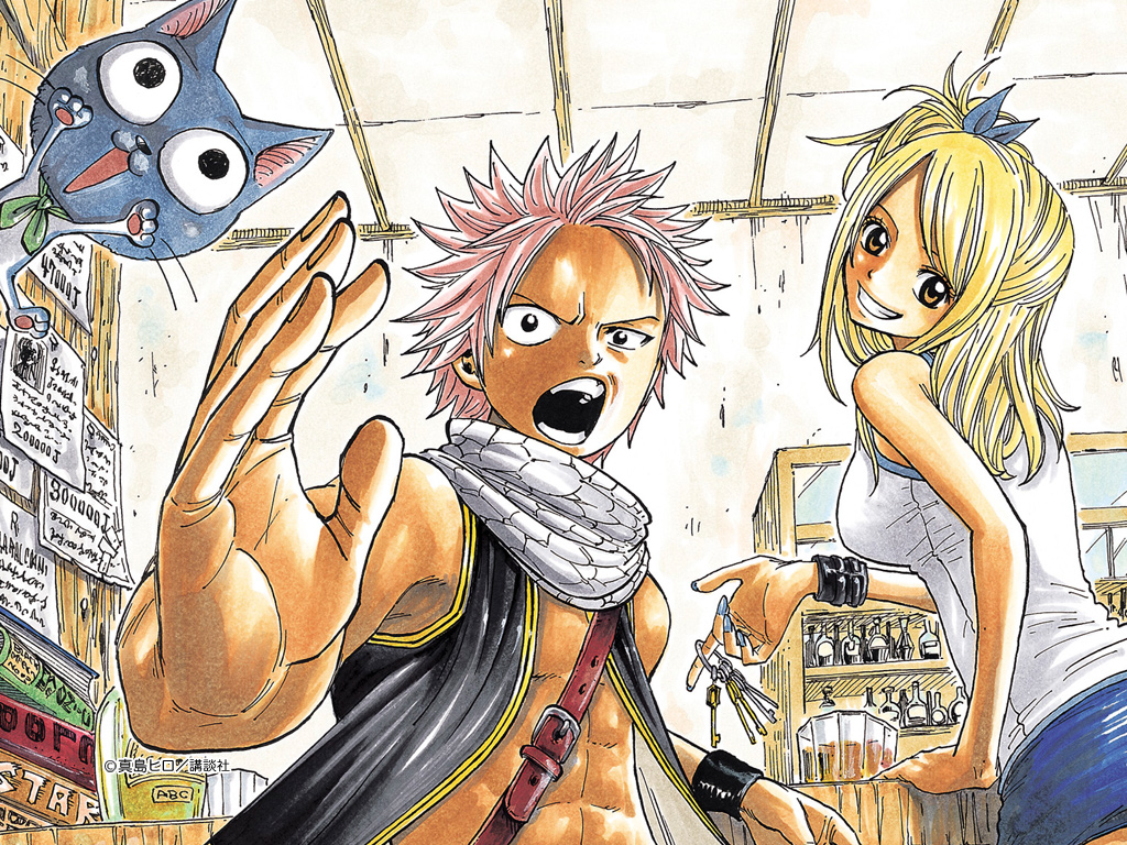 mashima hiro, happy (fairy tail), lucy heartfilia, natsu dragneel, fairy tail, poster, cleaned, official art, 00s, 1boy, 1girl, abs, animal, bar (place), blonde hair, blue nails, bottle, brown eyes, camisole, cat, fighting stance, glass, grin, head tilt, key, keyring, looking at viewer, miniskirt, muscular, nail polish, open clothes, open mouth, orange eyes, pink hair, scarf, short hair, side ponytail, skirt, smile, spiked hair, vest, wanted poster, wristband