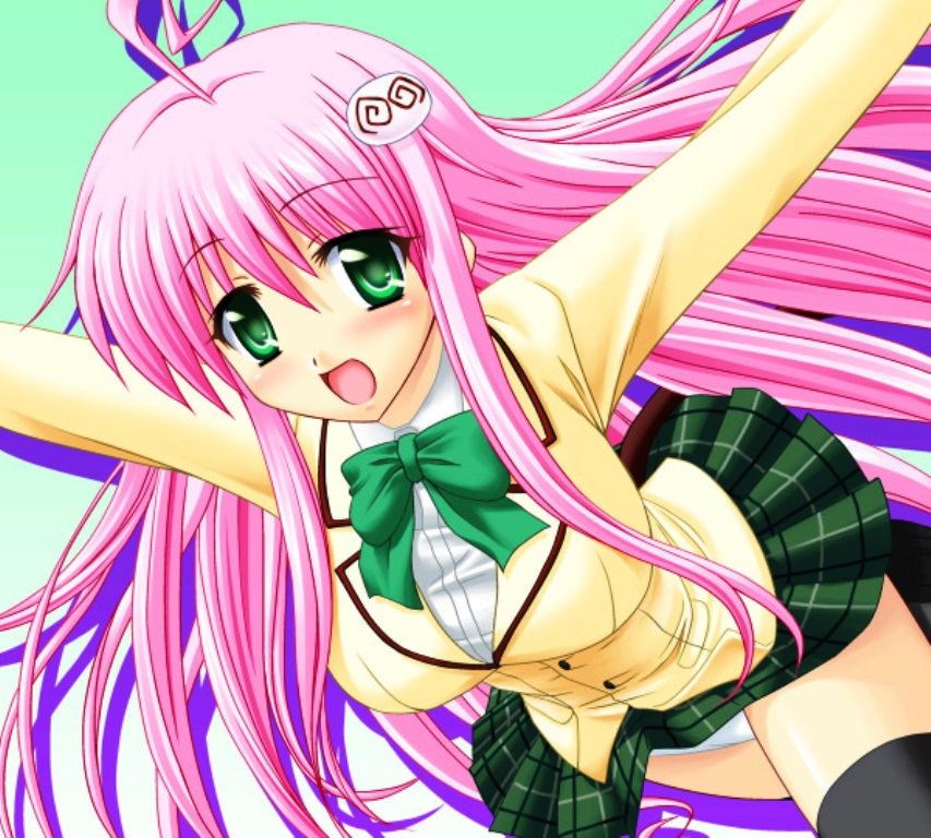 yaoyorozu-kobo, lala satalin deviluke, peke (to love-ru), to love-ru, duplicate, jpeg artifacts, 00s, 1girl, blush, female focus, green eyes, panties, pink hair, plaid clothes, plaid skirt, school uniform, serafuku, skirt, solo, thighhighs, underwear, zettai ryouiki