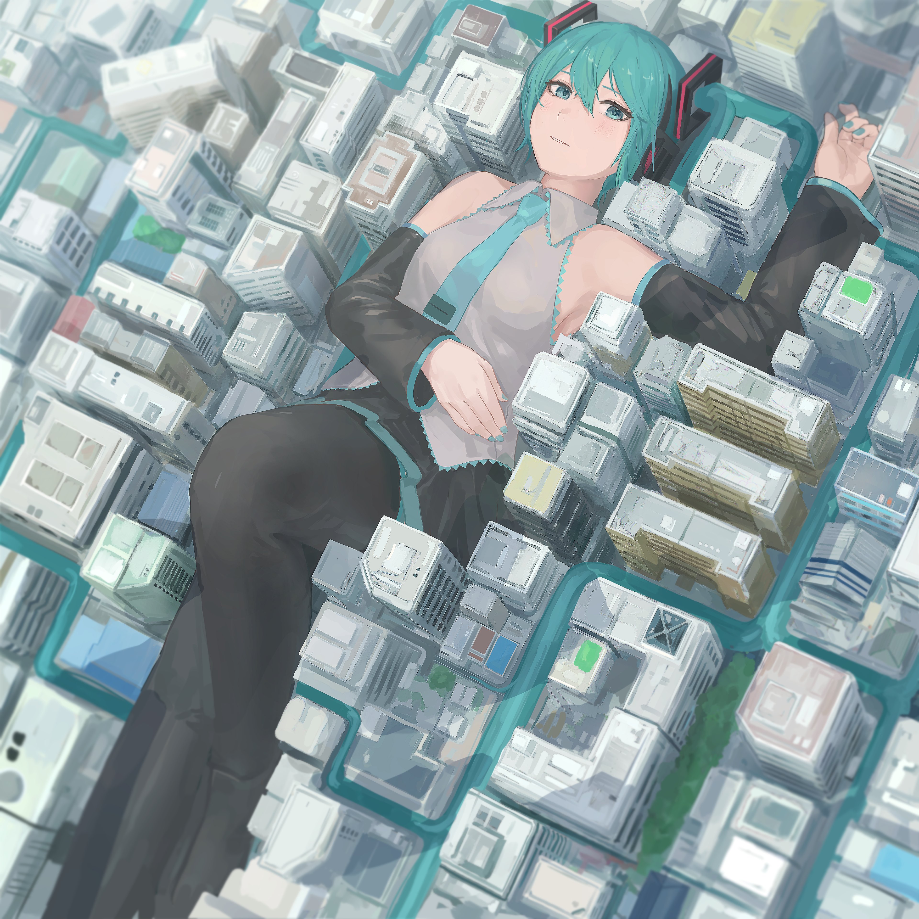 tadanotarosuke, hatsune miku, vocaloid, absurdres, commentary request, highres, 1girl, aqua hair, aqua nails, aqua necktie, black boots, black skirt, blue eyes, boots, city, detached sleeves, from above, giant, giantess, grey shirt, hair between eyes, knee up, long hair, looking at viewer, lying, nail polish, necktie, on back, parted lips, pleated skirt, shirt, skirt, sleeveless, sleeveless shirt, solo, thigh boots, twintails
