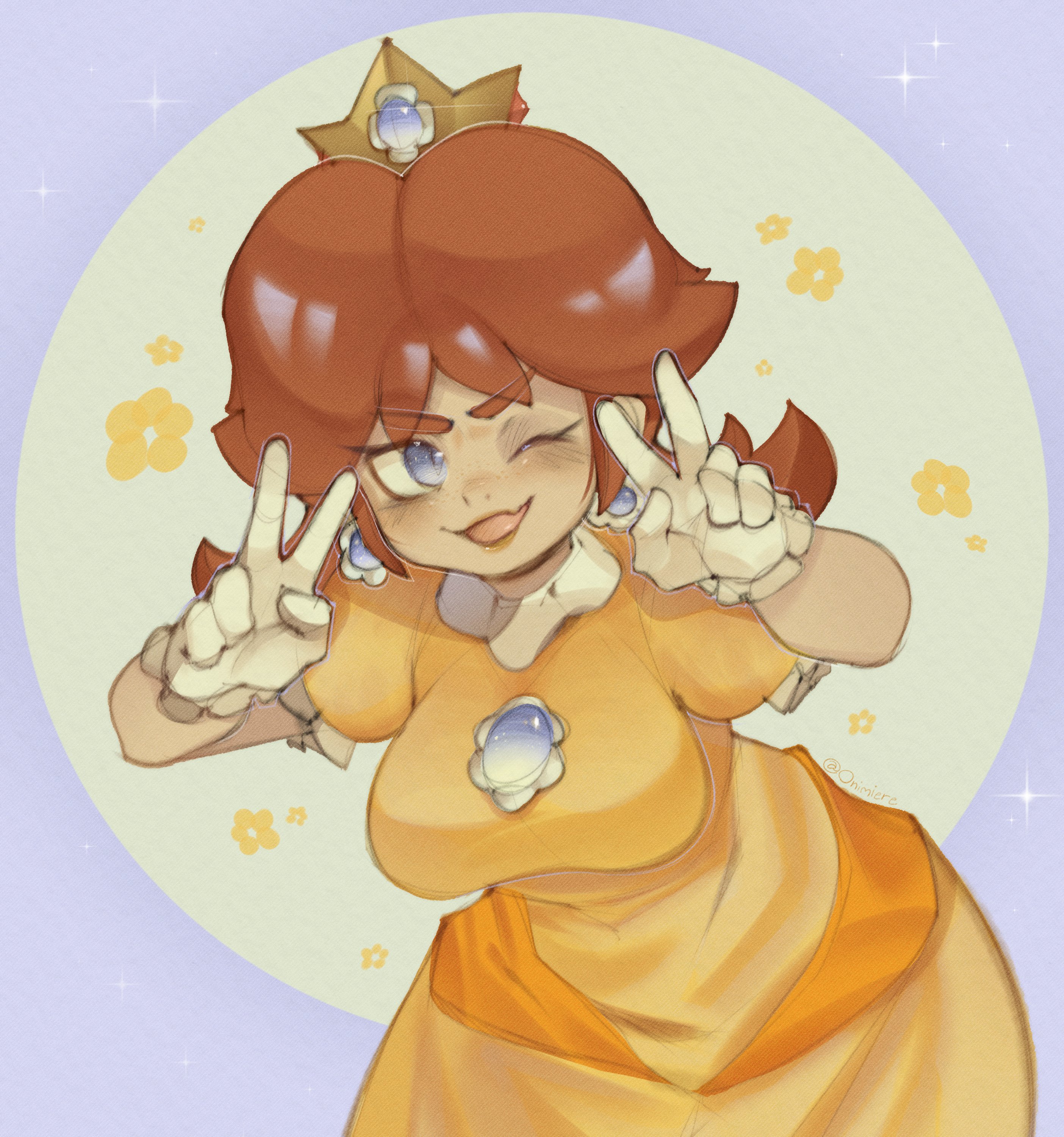 onimiere, princess daisy, mario (series), nintendo, absurdres, highres, 1girl, artist name, blue eyes, brown hair, crown, dress, earrings, floral background, flower earrings, gloves, jewelry, long hair, one eye closed, orange dress, puffy short sleeves, puffy sleeves, short sleeves, smile, white gloves