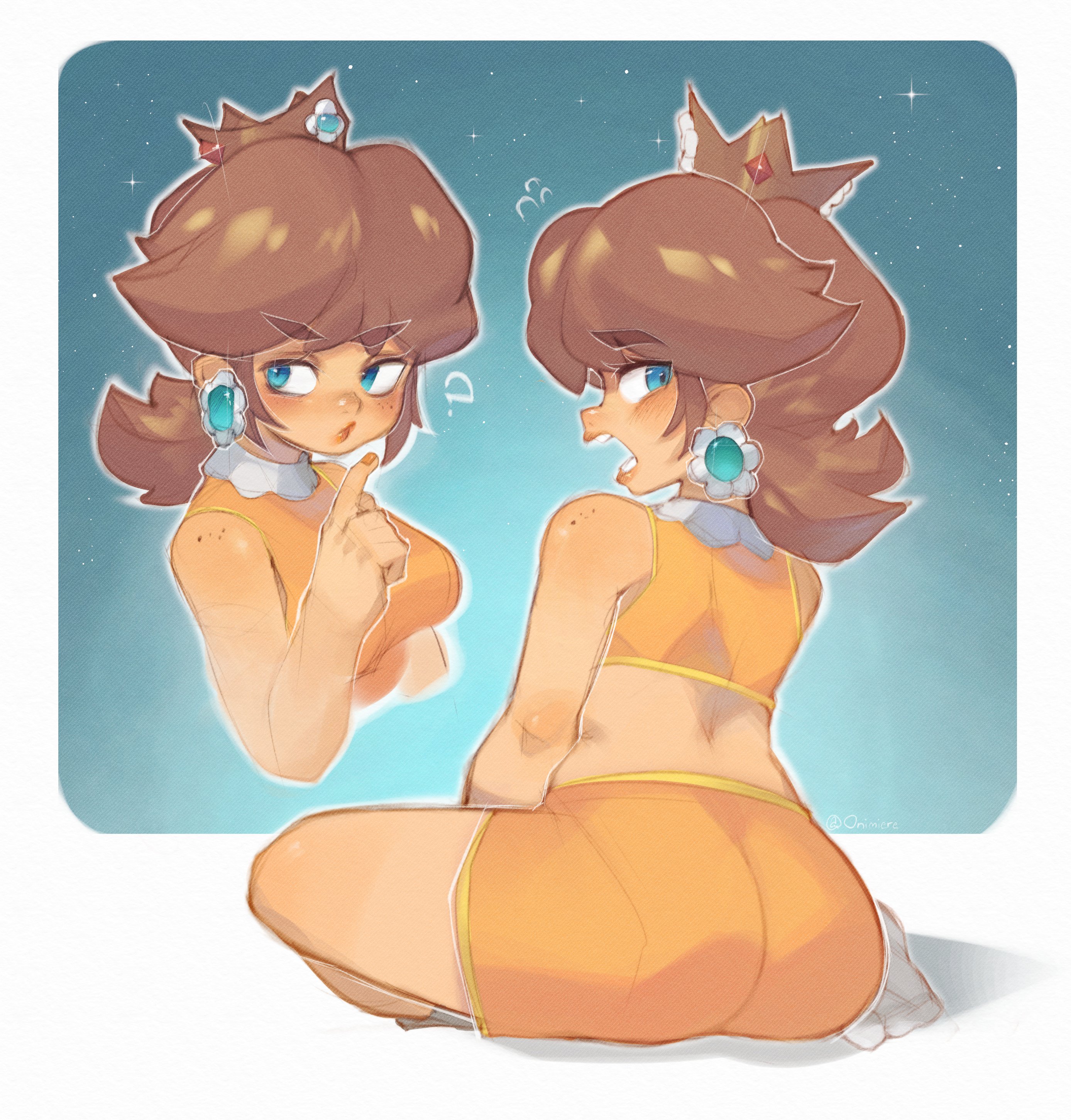 onimiere, princess daisy, mario (series), nintendo, absurdres, highres, 1girl, ?, ass, blue eyes, brown hair, crop top, crown, earrings, flower earrings, jewelry, long hair, looking at viewer, looking back, midriff, multiple views, open mouth, orange shorts, princess daisy (toadstool tour), shorts, sitting