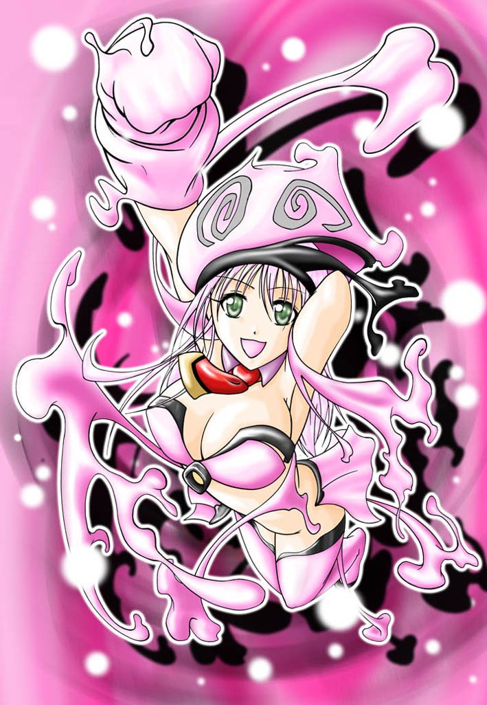 lala satalin deviluke, peke (to love-ru), to love-ru, 00s, 1girl, breasts, cleavage, female focus, green eyes, hat, henshin, pink hair, solo, transformation