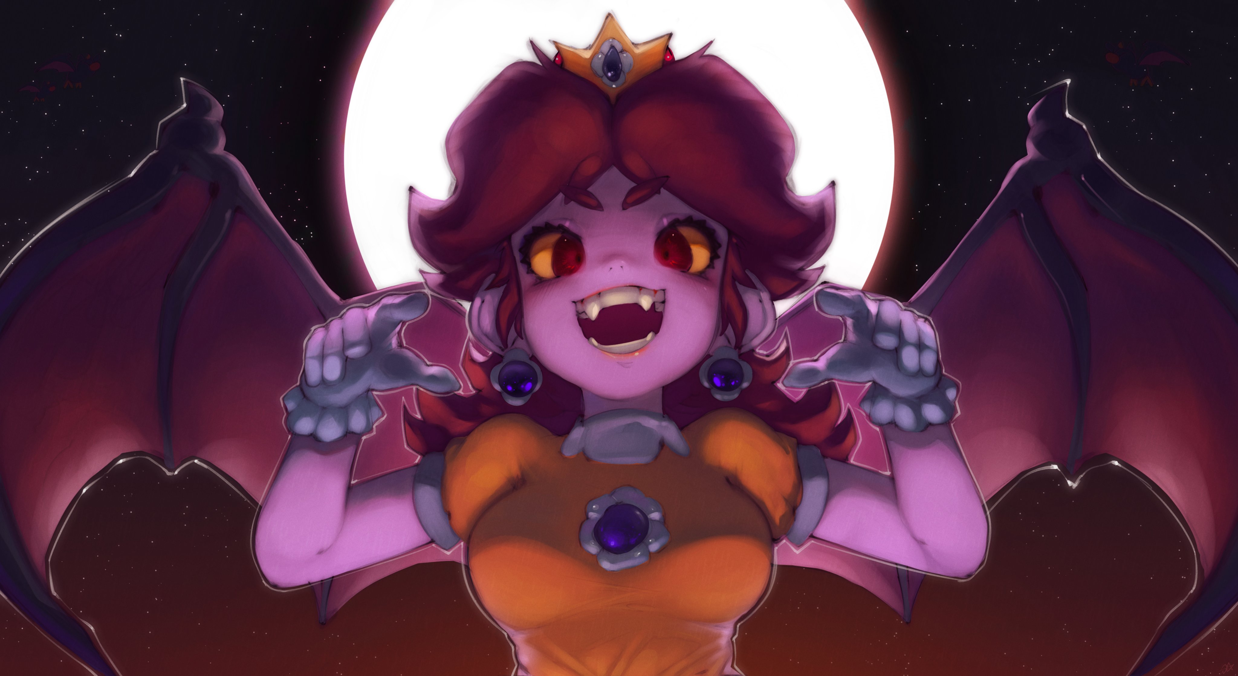 onimiere, princess daisy, mario (series), nintendo, absurdres, highres, 1girl, brown hair, colored skin, crown, demon wings, earrings, flower earrings, full moon, gloves, halloween, jewelry, long hair, looking at viewer, moon, open mouth, puffy short sleeves, puffy sleeves, purple skin, red eyes, short sleeves, smile, white gloves, wings