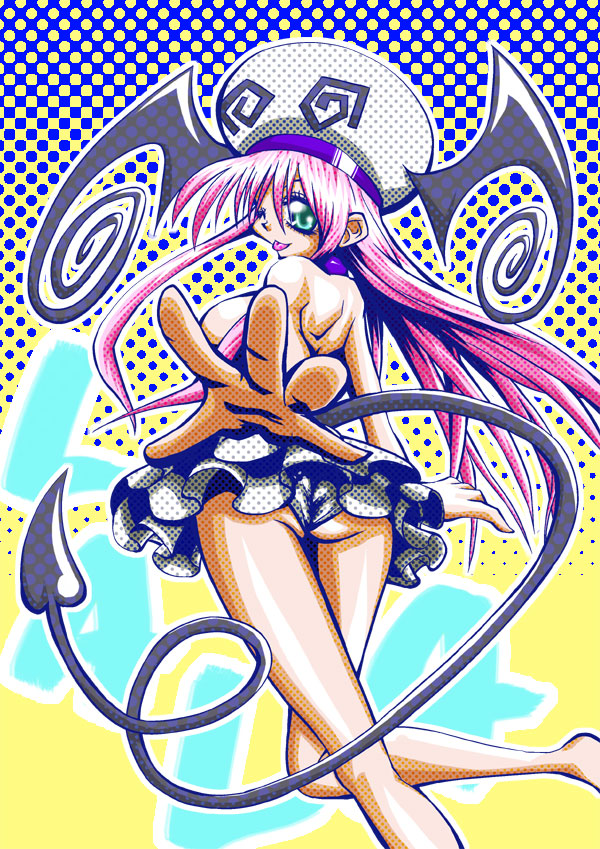 kujirada daifutoshi, lala satalin deviluke, peke (to love-ru), to love-ru, 00s, 1girl, :p, ;p, demon tail, female focus, green eyes, hat, one eye closed, panties, pantyshot, pink hair, skirt, solo, tail, tongue, tongue out, underwear, upskirt, wink