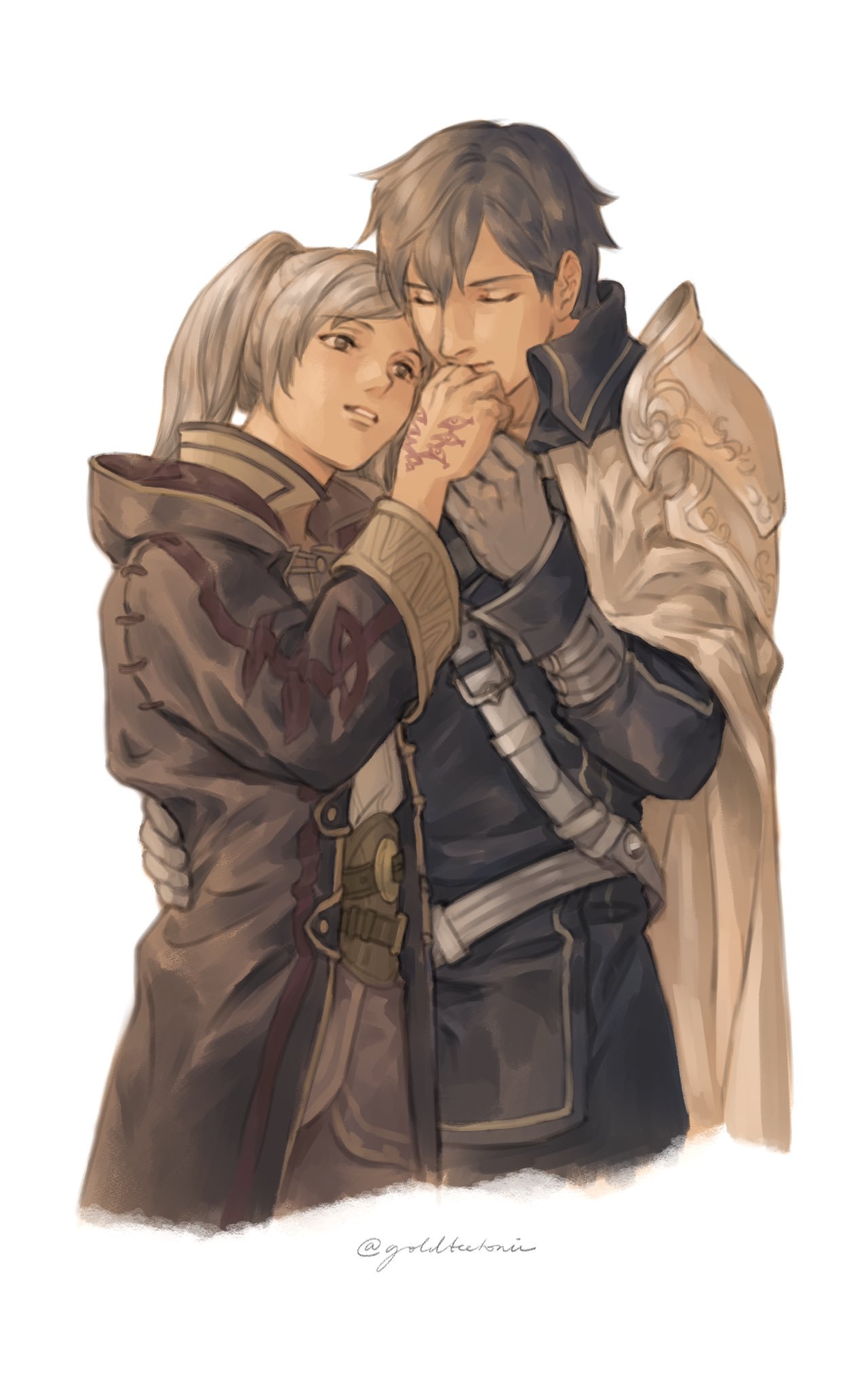 goldtectonic, chrom (fire emblem), female robin (fire emblem), fire emblem, fire emblem awakening, nintendo, commission, highres, second-party source, 1boy, 1girl, armor, black robe, blue hair, blue pants, blue shirt, brown eyes, cape, closed eyes, closed mouth, couple, eyes of grima, gloves, grey gloves, hetero, hooded robe, long hair, long sleeves, pants, robe, shirt, short hair, shoulder armor, simple background, smile, standing, twintails, white background, white cape, white hair