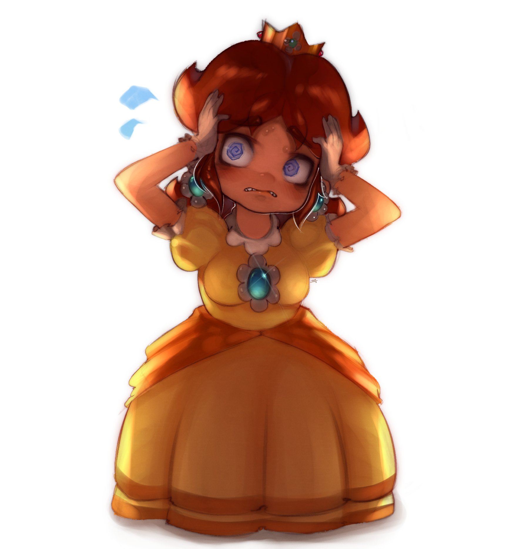 onimiere, princess daisy, mario (series), nintendo, super mario bros. wonder, highres, 1girl, @ @, brown hair, crown, dress, earrings, flower earrings, flying sweatdrops, gloves, hands on own head, jewelry, long hair, orange dress, simple background, white background, white gloves