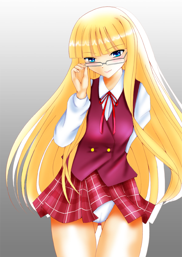 kishida-shiki, evangeline a.k. mcdowell, mahou sensei negima!, 00s, bespectacled, blonde hair, blue eyes, blush, glasses, long hair, miniskirt, panties, plaid clothes, plaid skirt, school uniform, serafuku, skirt, solo, underwear, vampire, very long hair